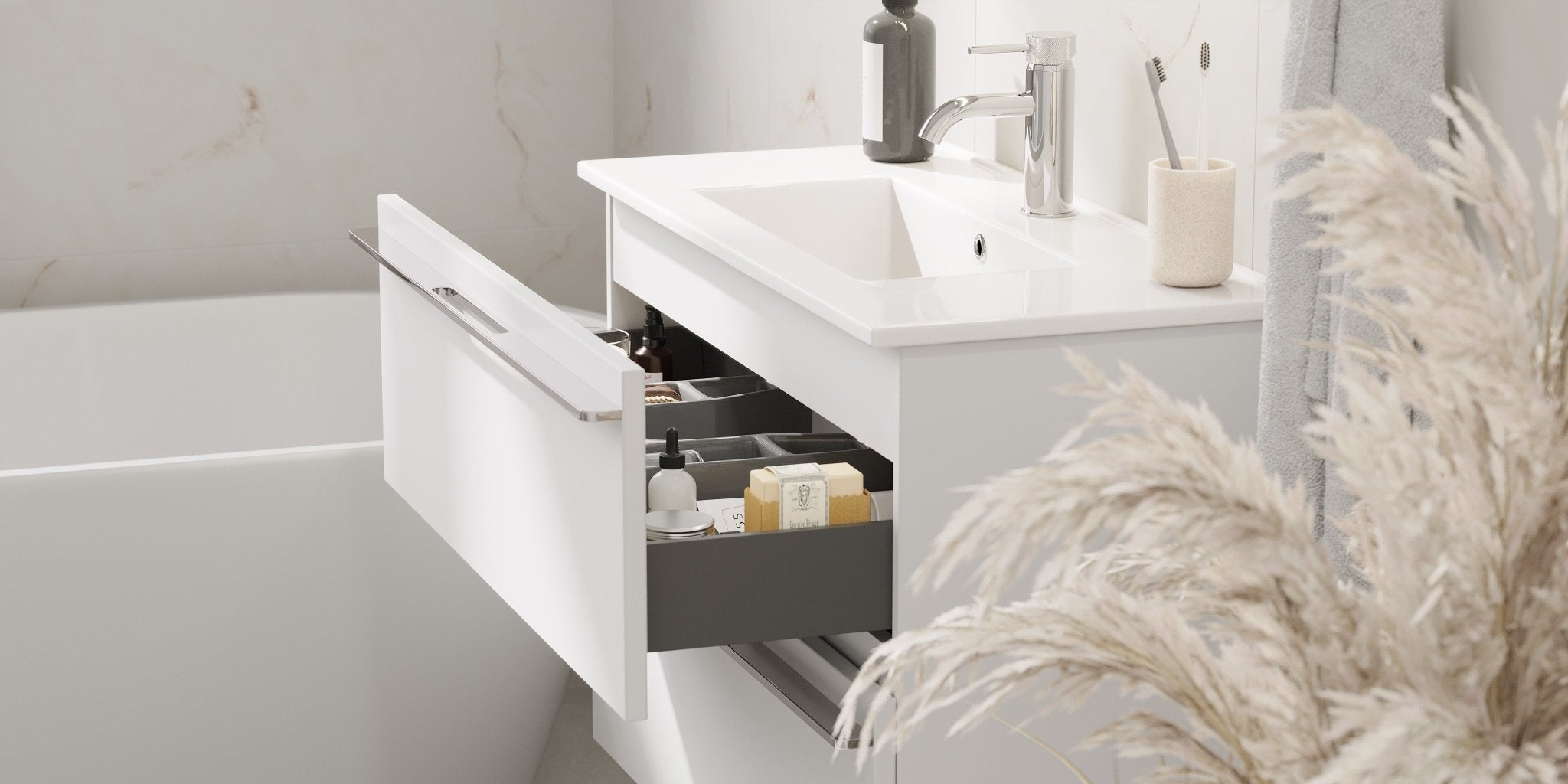 Badrumsmöbel med klassiska fronter - SLIM - 80x36x57 cm - mattvit - vitt porslinstvättställ - kromade handtag - Verdal - Tvättställsskåp - Verdal, Furniture Set - Code, White Mat - 81 cm - MASTERSTORE - 8595677150780 - Furniture Set - Code - 70 - 080 - 70 - 01 - 31 - 8595677150780 - 