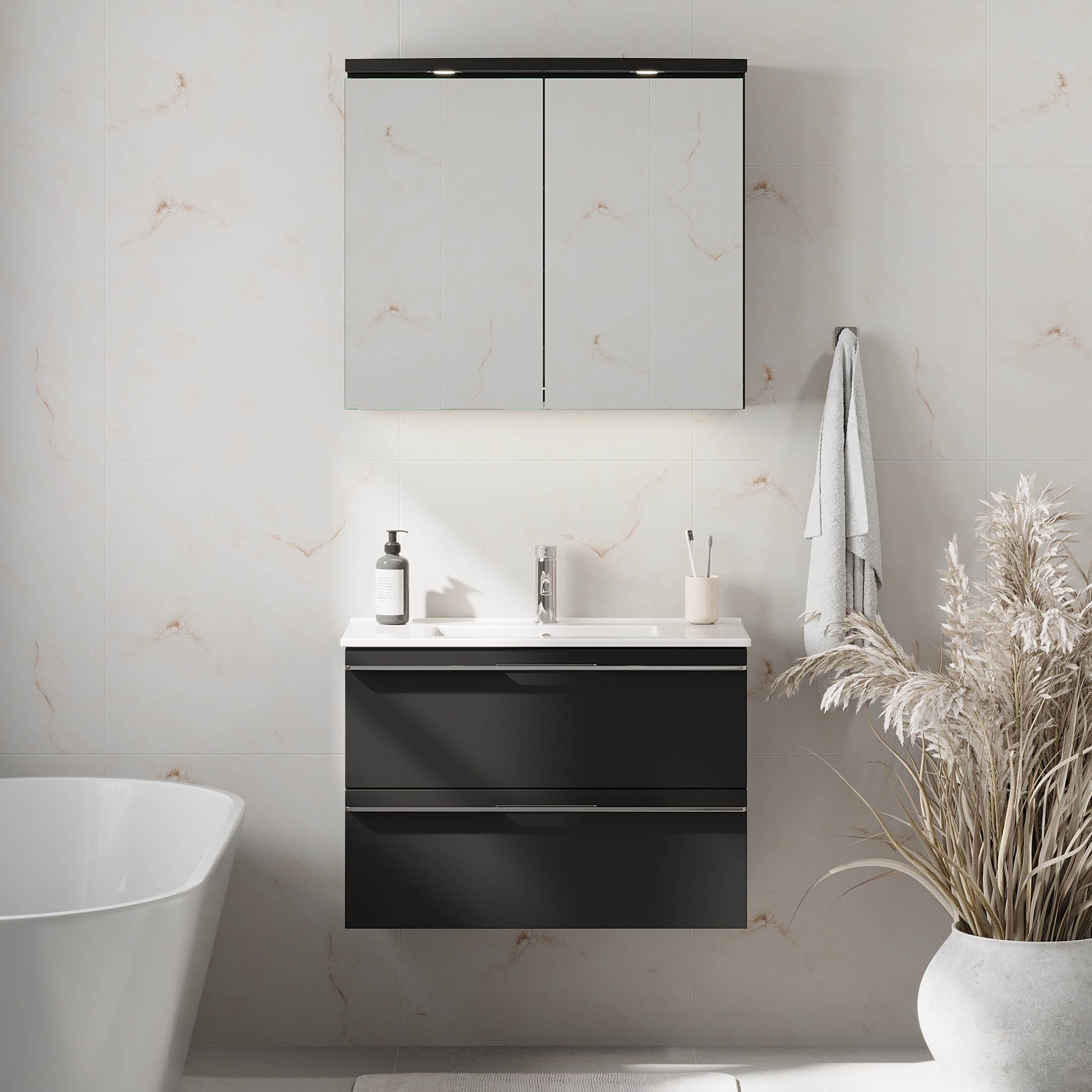 Badrumsmöbel med klassiska fronter - SLIM - 80x36x57 cm - mattsvart - vitt porslinstvättställ - kromade handtag - Verdal - Tvättställsskåp - Verdal, Furniture Set - Code, Black Mat - 81 cm - MASTERSTORE - 8595677150797 - Furniture Set - Code - 70 - 080 - 70 - 02 - 31 - 8595677150797 - 