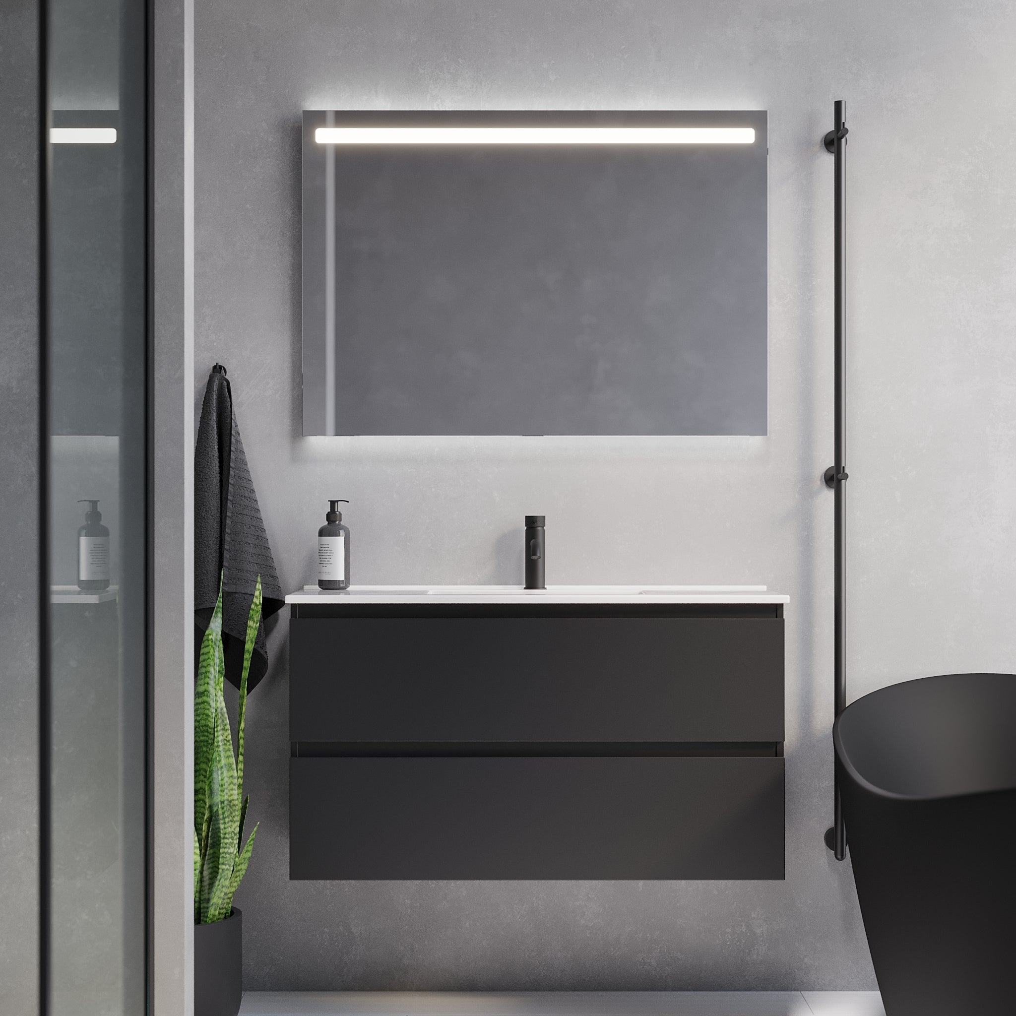 Badrumsmöbel med klassiska integrerade fronter - SLIM - 80x36x57 cm - matt svart - vitt porslinstvättställ - Sandshamn - Tvättställsskåp - Sandshamn, Furniture Set - Code, Black Mat - 80 cm - MASTERSTORE - 8595677150940 - Furniture Set - Code - 73 - 080 - 70 - 02 - 30 - 8595677150940 - 