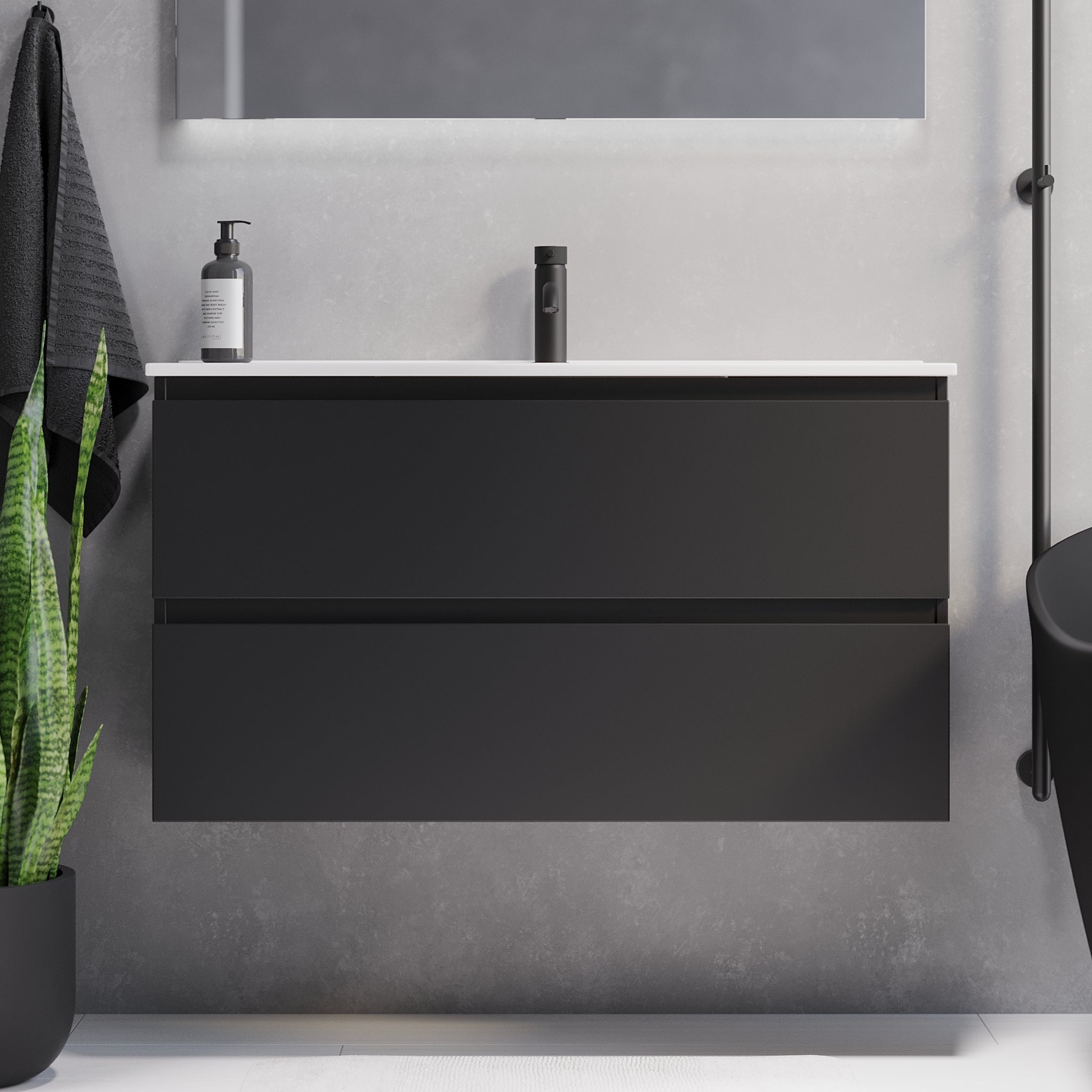 Badrumsmöbel med klassiska integrerade fronter - SLIM - 80x36x57 cm - matt svart - vitt porslinstvättställ - Sandshamn - Tvättställsskåp - Sandshamn, Furniture Set - Code, Black Mat - 80 cm - MASTERSTORE - 8595677150940 - Furniture Set - Code - 73 - 080 - 70 - 02 - 30 - 8595677150940 - 