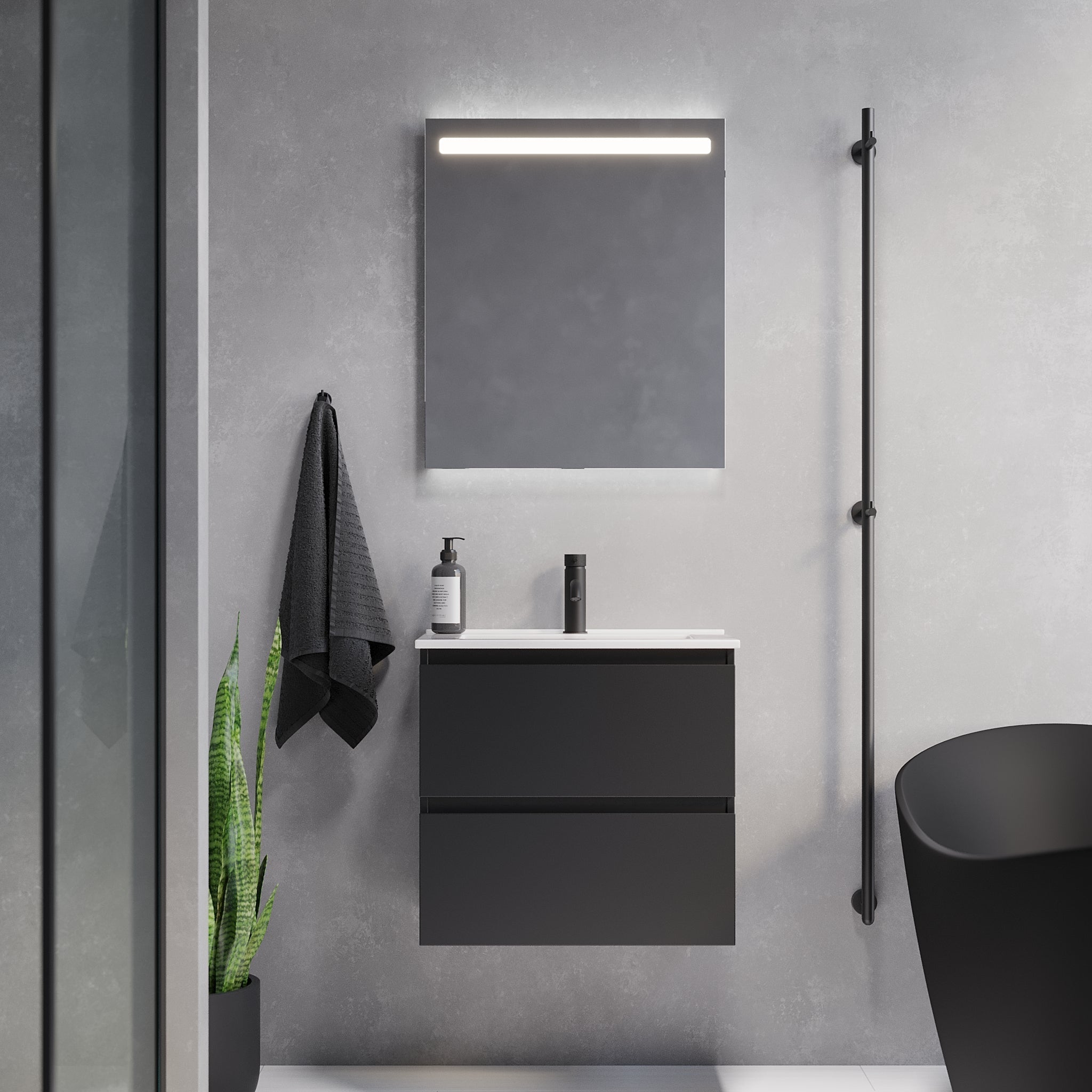 Badrumsmöbel med klassiska integrerade fronter - SLIM - 80x36x57 cm - matt svart - vitt porslinstvättställ - Sandshamn - Tvättställsskåp - Sandshamn, Furniture Set - Code, Black Mat - 80 cm - MASTERSTORE - 8595677150940 - Furniture Set - Code - 73 - 080 - 70 - 02 - 30 - 8595677150940 - 
