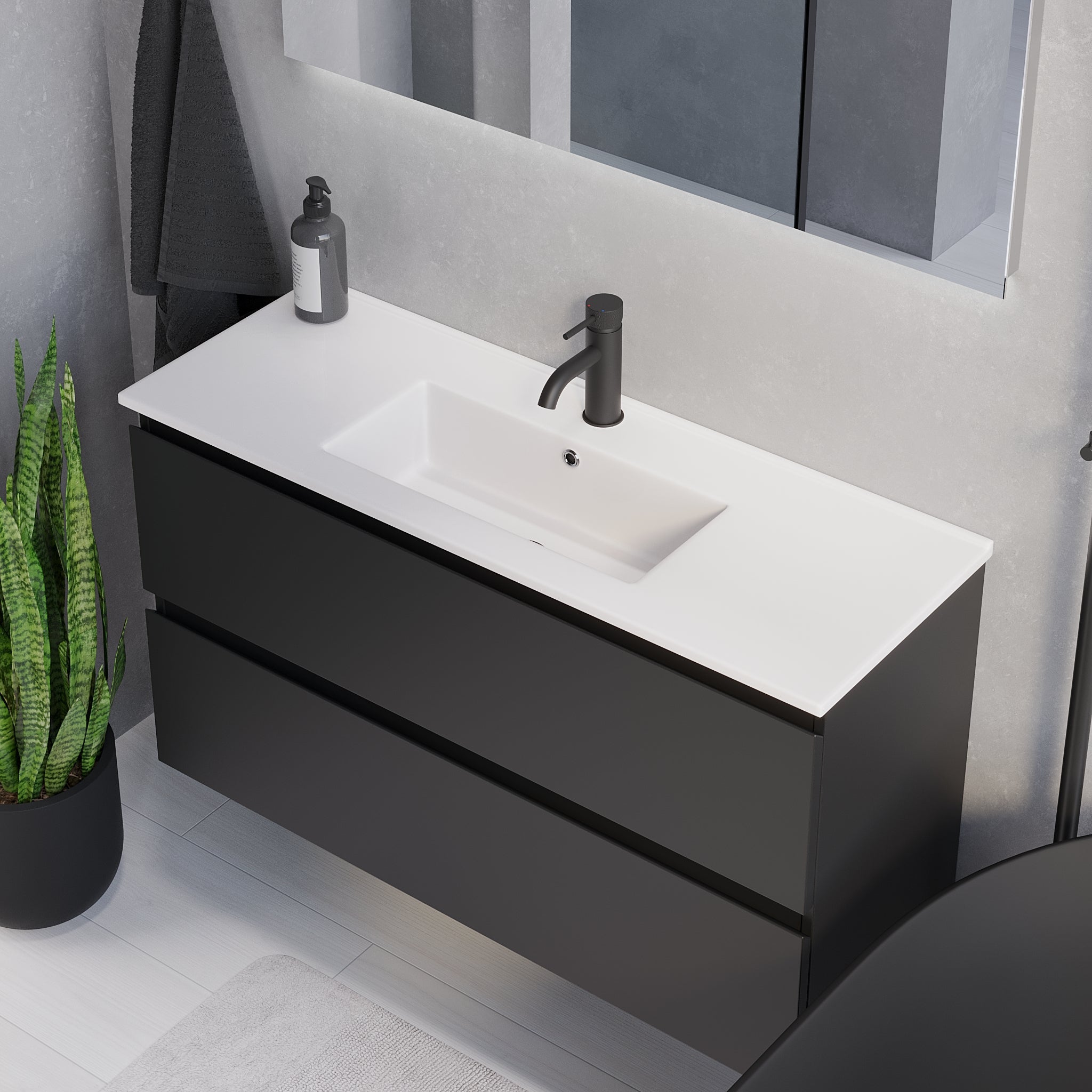 Badrumsmöbel med klassiska integrerade fronter - SLIM - 80x36x57 cm - matt svart - vitt porslinstvättställ - Sandshamn - Tvättställsskåp - Sandshamn, Furniture Set - Code, Black Mat - 80 cm - MASTERSTORE - 8595677150940 - Furniture Set - Code - 73 - 080 - 70 - 02 - 30 - 8595677150940 - 