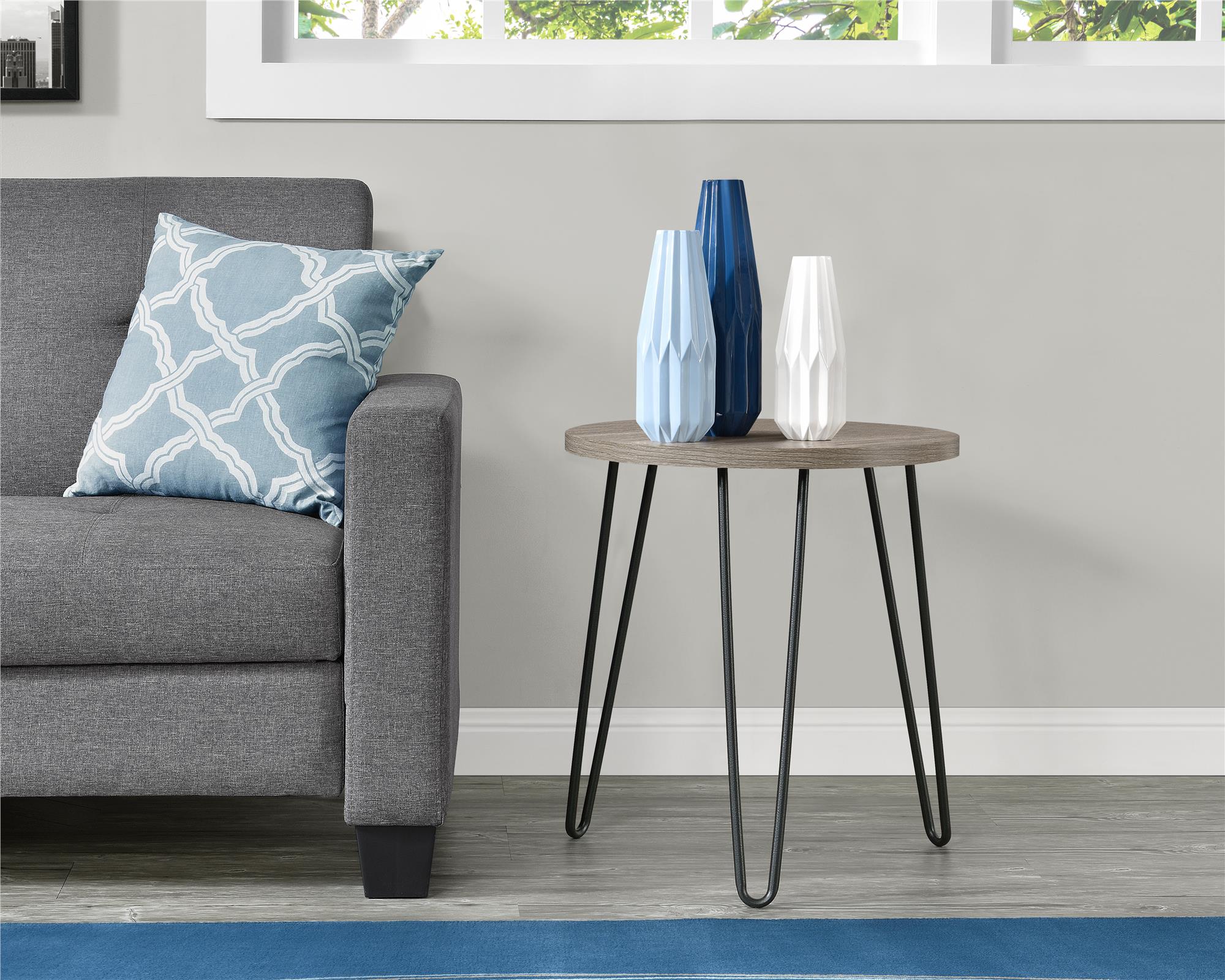 Owen runt sidobord, grå ek