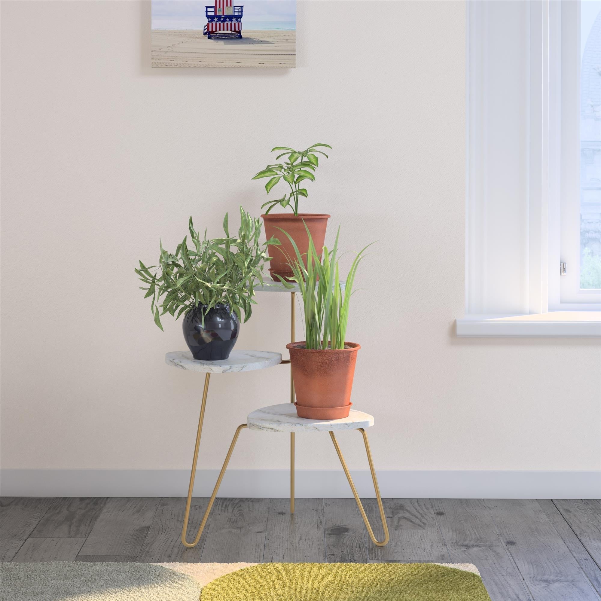 Växtställ - 55x52x64 cm - i vit marmorfinish med 3 hyllplan och guldfärgade hårnålsben - vit - Athena - Växtställ - Växtställ - 55x52x64 cm - i vit marmorfinish med 3 hyllplan och guldfärgade hårnålsben - vit - Athena - 