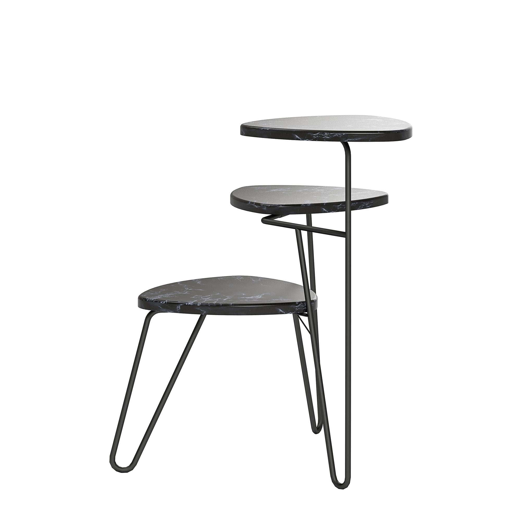 Växtställ - 55x52x64 cm - i svart marmorfinish med 3 hyllplan och svarta metallben i hårnålsstil - svart - Athena - Växtställ - Växtställ - 55x52x64 cm - i svart marmorfinish med 3 hyllplan och svarta metallben i hårnålsstil - svart - Athena - 