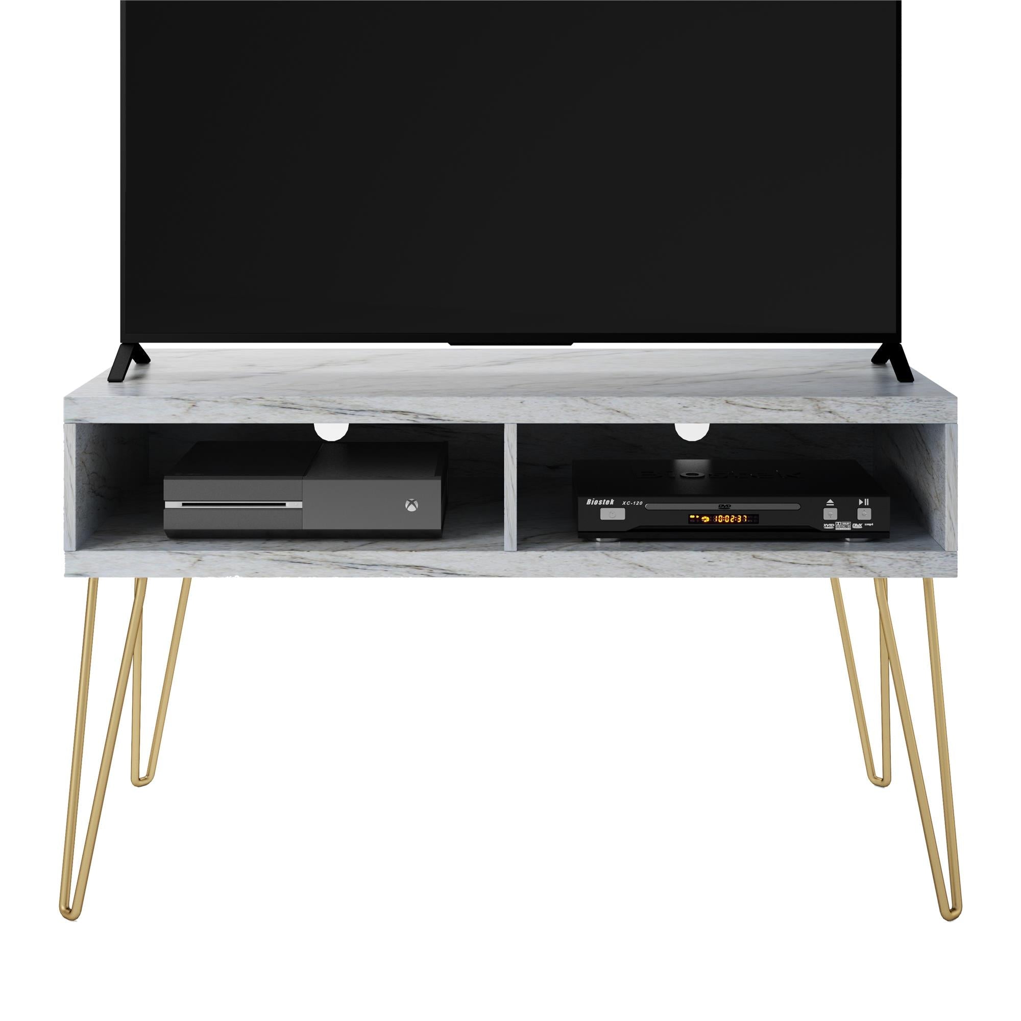 TV - bänk - 107x50x62 cm - med 2 fack, metallben i guldfärg - vit marmor - Nova - TV - möbler - TV - bänk - 107x50x62 cm - med 2 fack, metallben i guldfärg - vit marmor - Nova - 