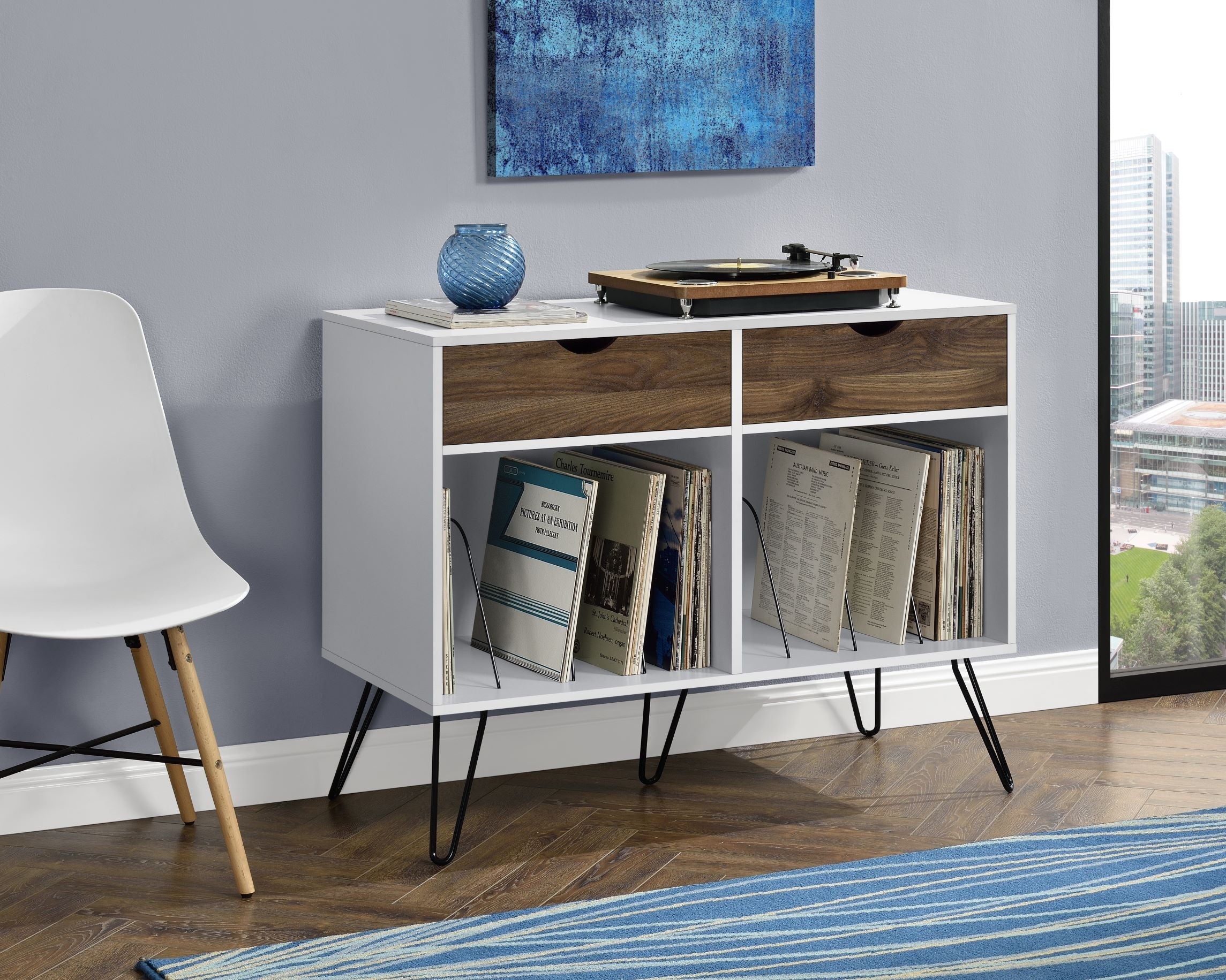 Hyllenhet – 101x46x81 cm – med 2 lådor med valnötsfinish på Fronter, och 2 fack med avdelare – vit – Concord