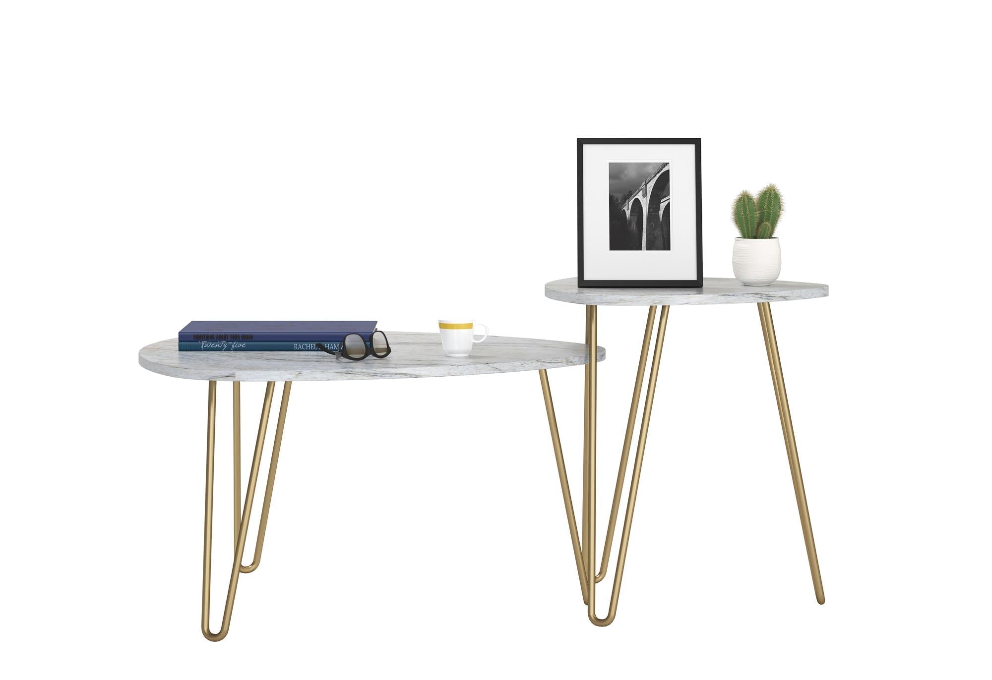 Soffbord - Ø83x46 / Ø50x58 cm - 2 bord i modern design och guldfärgade metallben med hårnålar - vit - Athena - Soffbord - Soffbord - Ø83x46 / Ø50x58 cm - 2 bord i modern design och guldfärgade metallben med hårnålar - vit - Athena - 