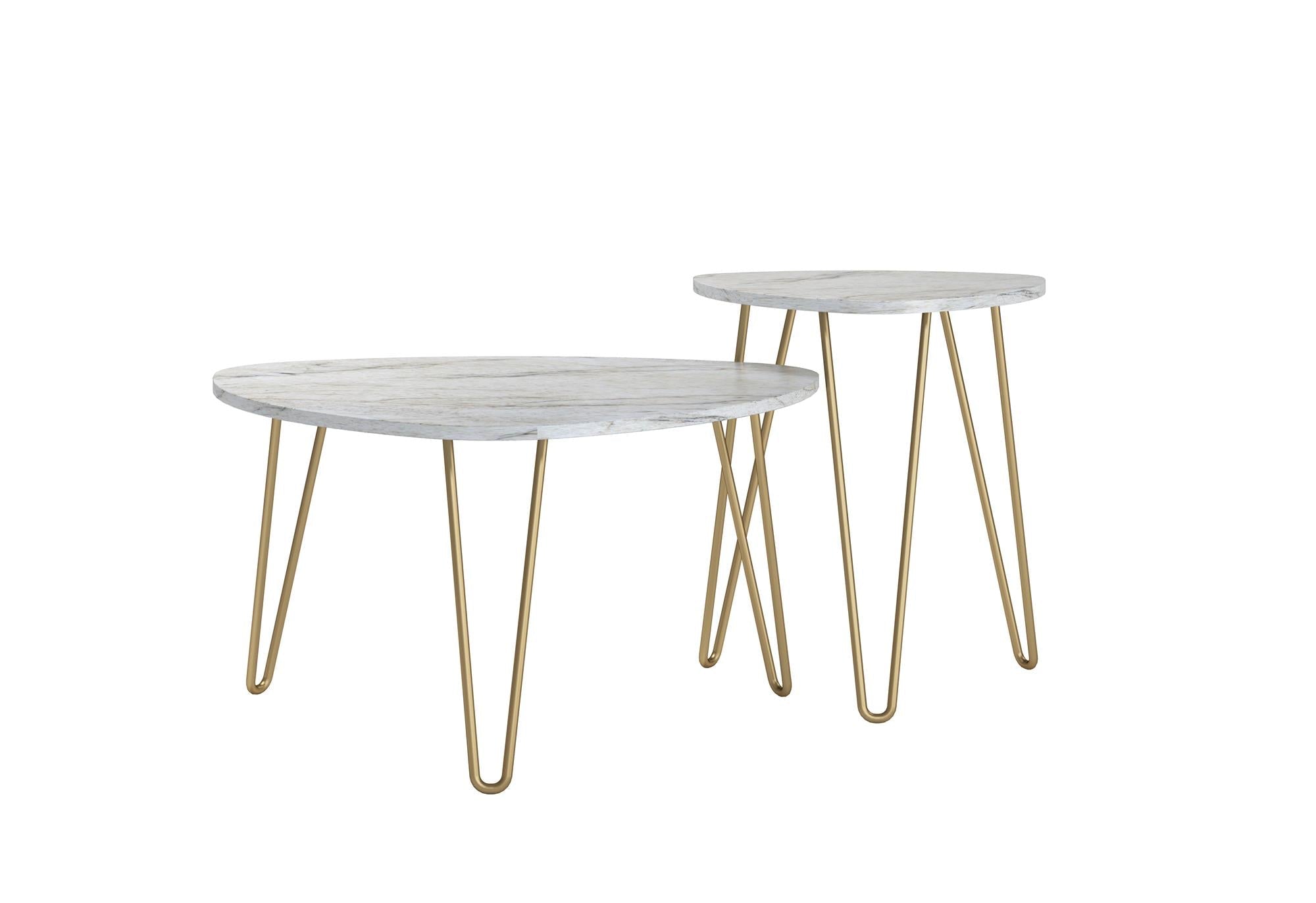 Soffbord - Ø83x46 / Ø50x58 cm - 2 bord i modern design och guldfärgade metallben med hårnålar - vit - Athena - Soffbord - Soffbord - Ø83x46 / Ø50x58 cm - 2 bord i modern design och guldfärgade metallben med hårnålar - vit - Athena - 