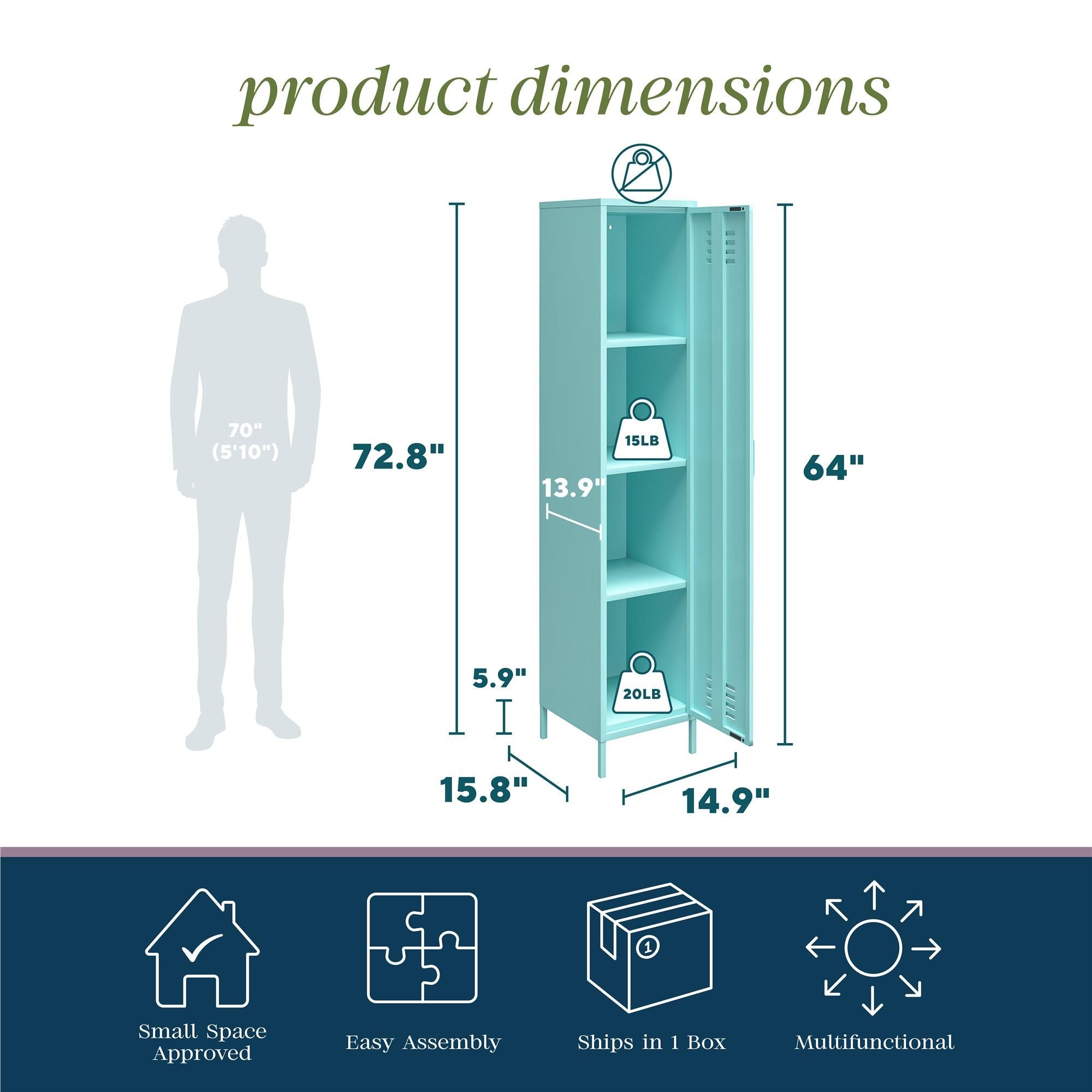 Skåp - 38x40x185 cm - i pulverlackerad metall. 1 dörr med fyra hyllplan - mynta - Cache1+ - Skåp - Cache1+ Mint Storage Cabinet – Durable & Stylish Home Organizer - MASTERSTORE - 8595677159875 - Storage Cabinet - 5244811COM - 8595677159875 - 