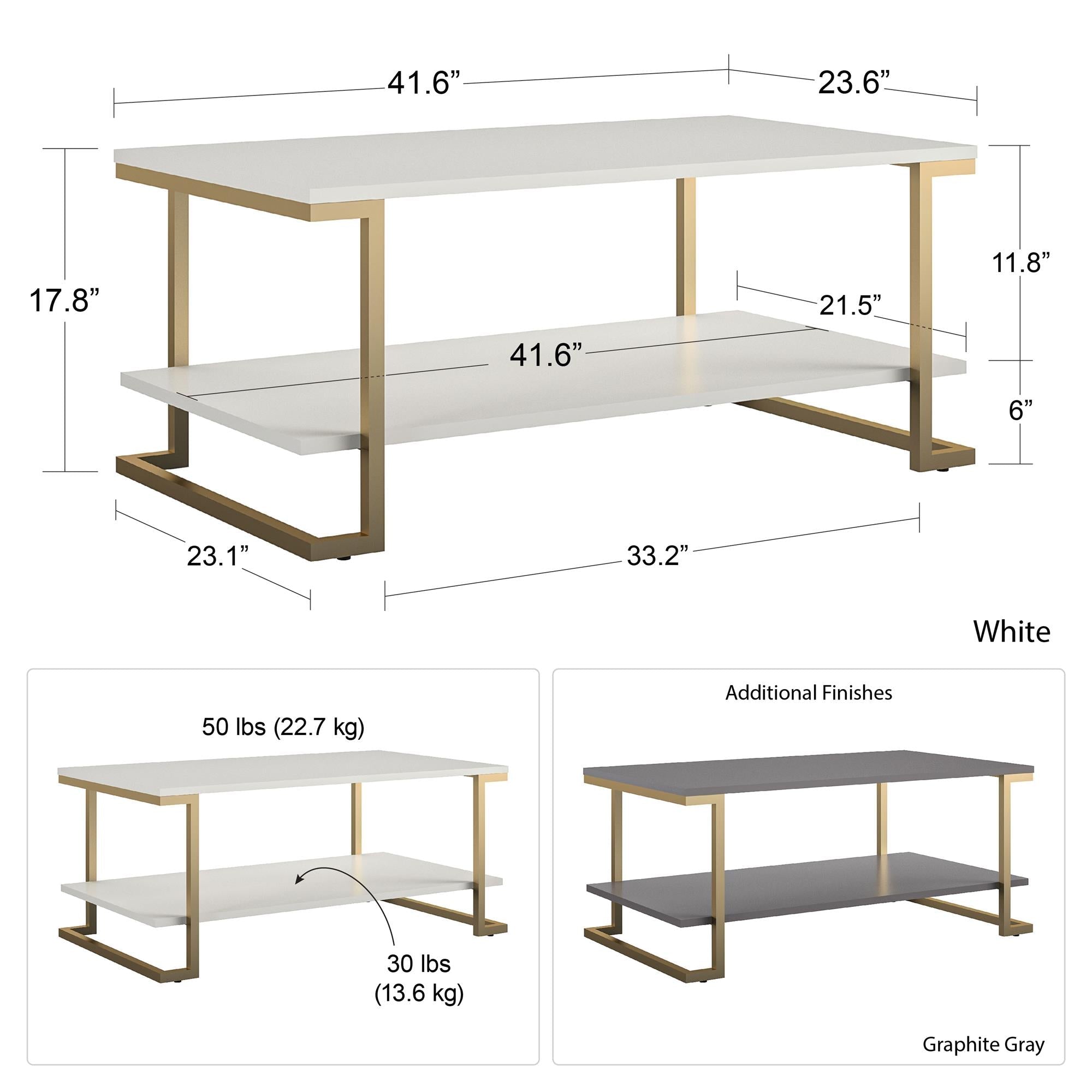 Soffbord - 106x60x45 cm - med hyllplan för förvaring och metallram i guldfärg - vit - Camila - Soffbord - Soffbord - 106x60x45 cm - med hyllplan för förvaring och metallram i guldfärg - vit - Camila - 