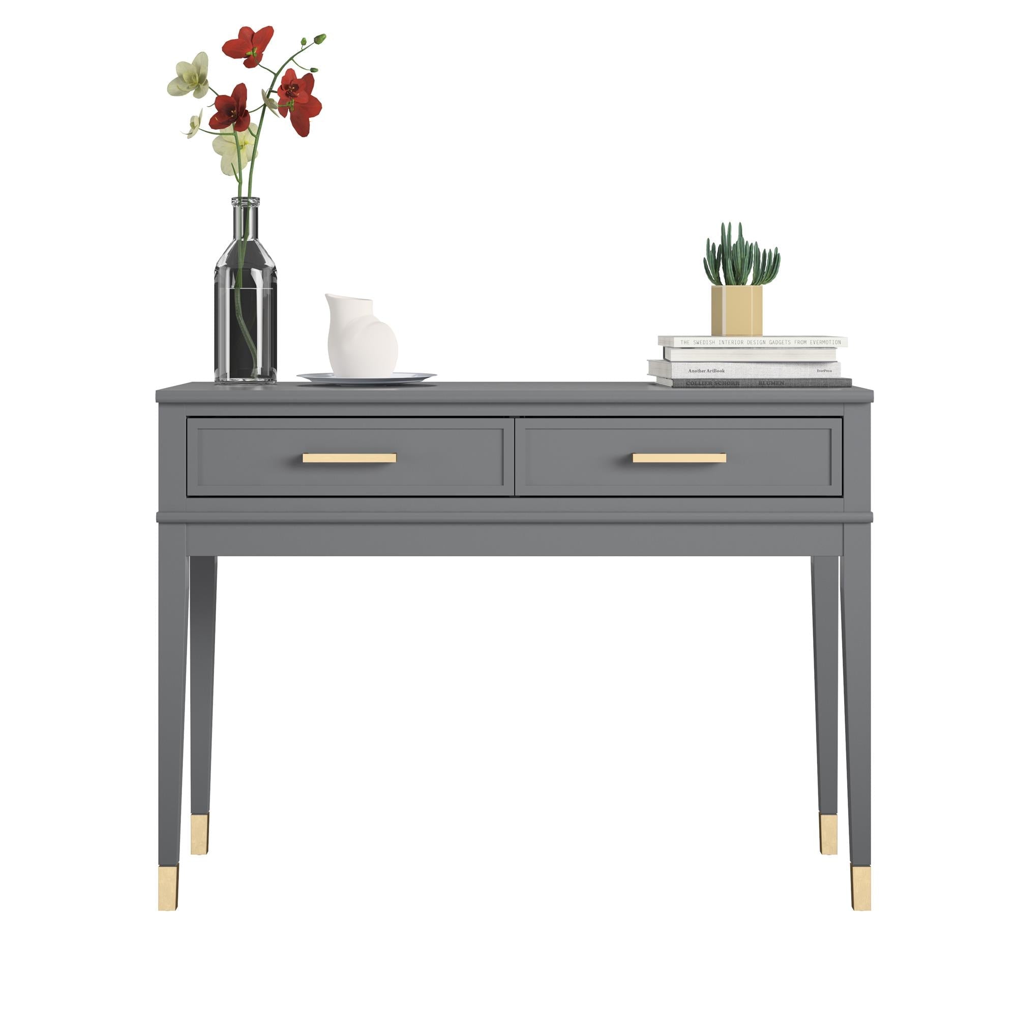 Konsolbord - 104x40x76 cm - med 2 lådor, handtag och ben med gulddetaljer - grå - Westerleigh - Konsolbord - Konsolbord - 104x40x76 cm - med 2 lådor, handtag och ben med gulddetaljer - grå - Westerleigh - 