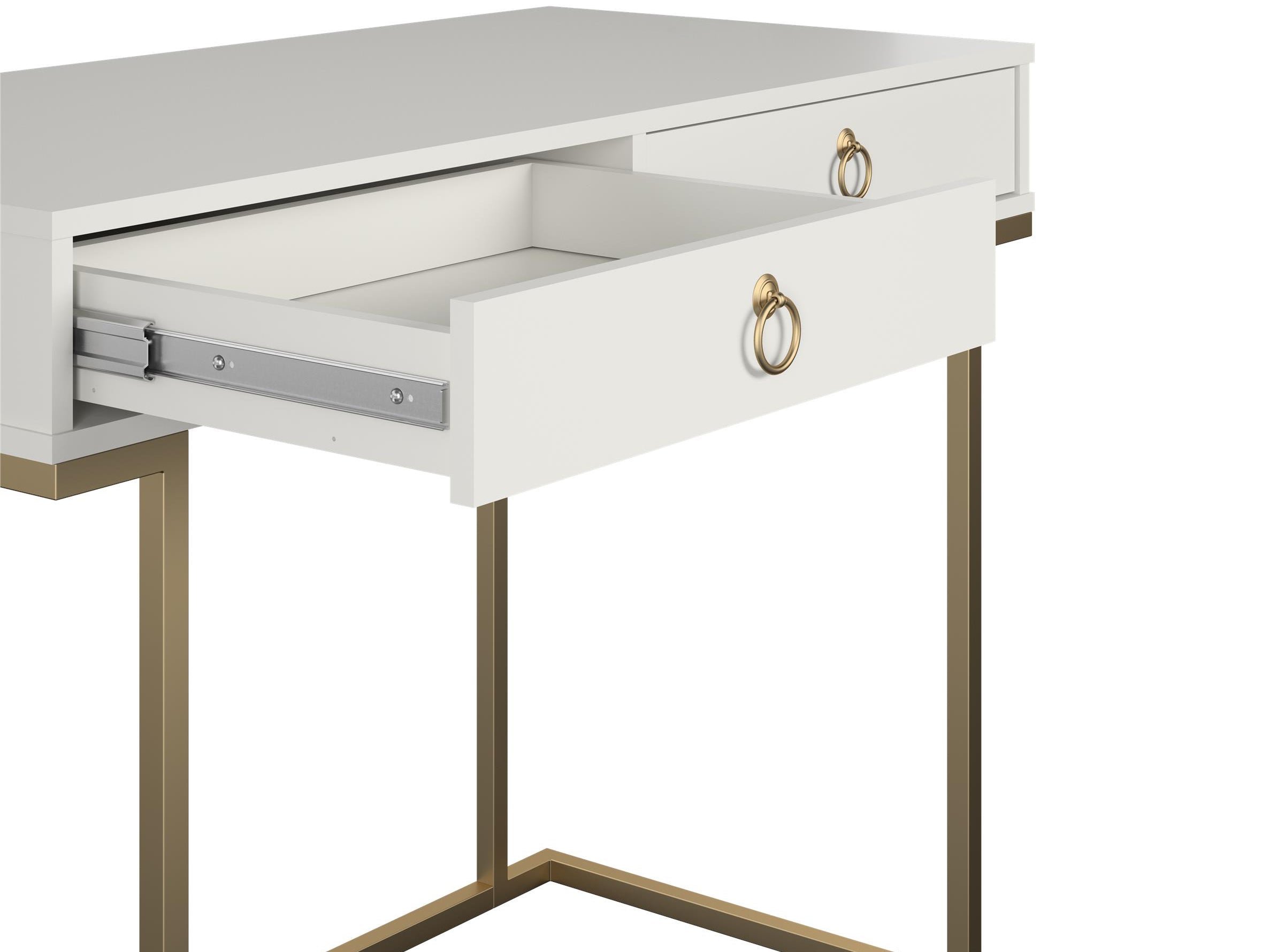 Skrivbord – 106x50x78 cm – med två lådor, metallben i guldfinish – vit – Camila