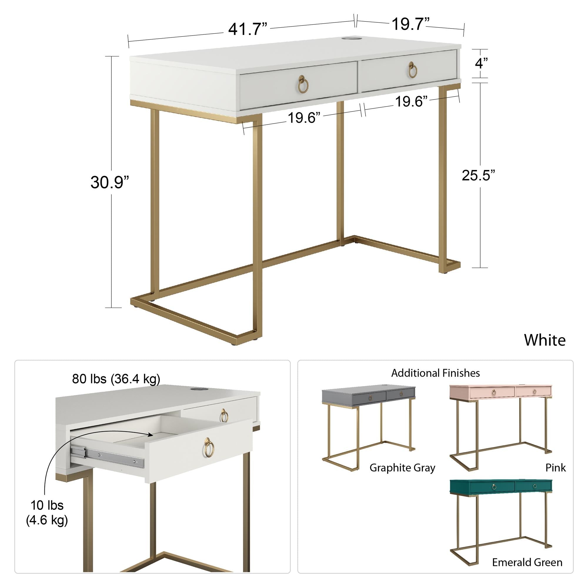 Skrivbord - 106x50x78 cm - med två lådor, metallben i guldfinish - vit - Camila - Datorbord - Skrivbord - 106x50x78 cm - med två lådor, metallben i guldfinish - vit - Camila - 