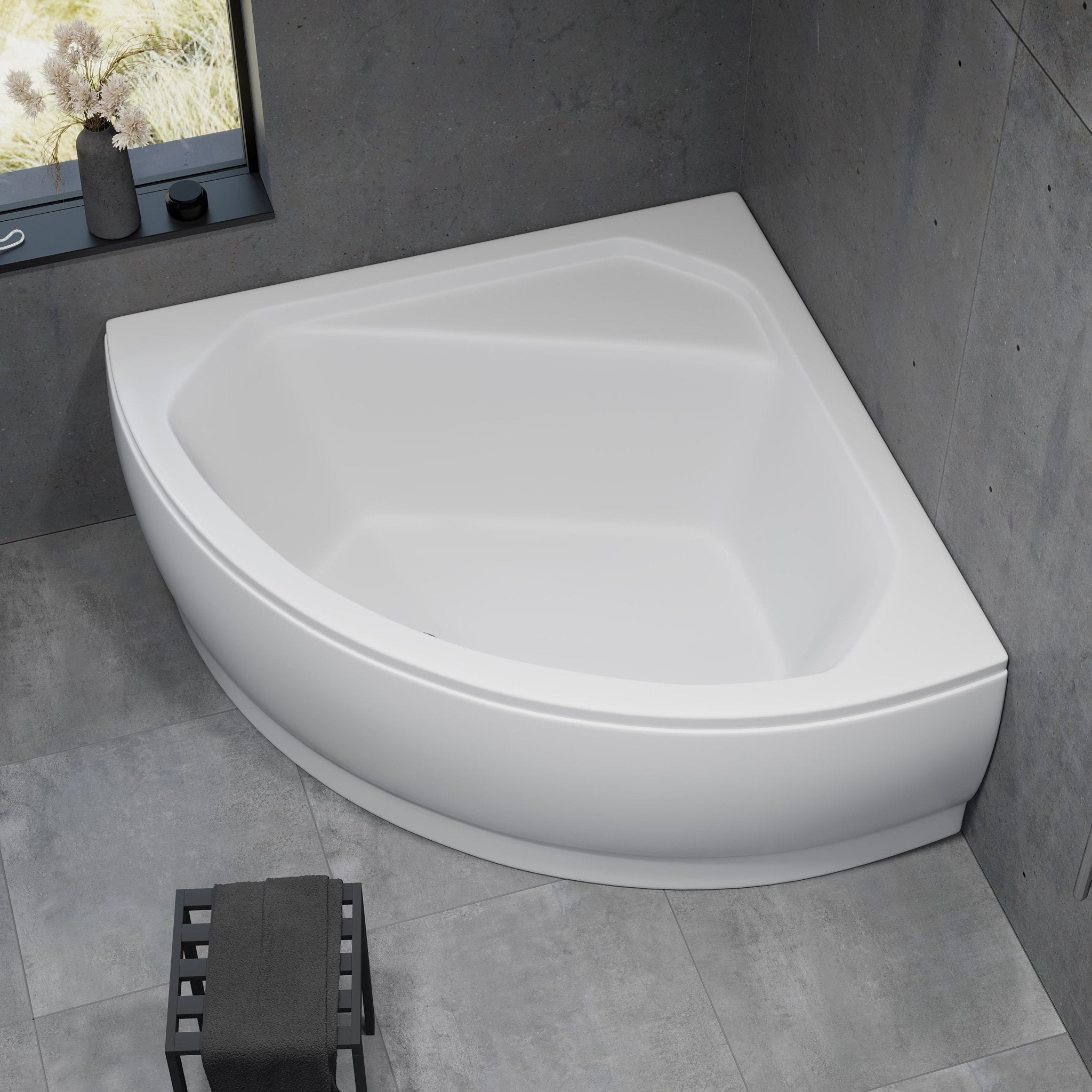 Hörnbadkar 140x140 cm i vit akryl med frontpanel, benstativ, avloppssats och bräddavloppssats - Ulstrup - Inbyggnadsbadkar - Ulstrup, Bathtub Set - Code, White Glossy - 140 cm - MASTERSTORE - 8595677170603 - Bathtub Set - Code - 47 - 140 - 01 - 11 - 30 - 8595677170603 - 