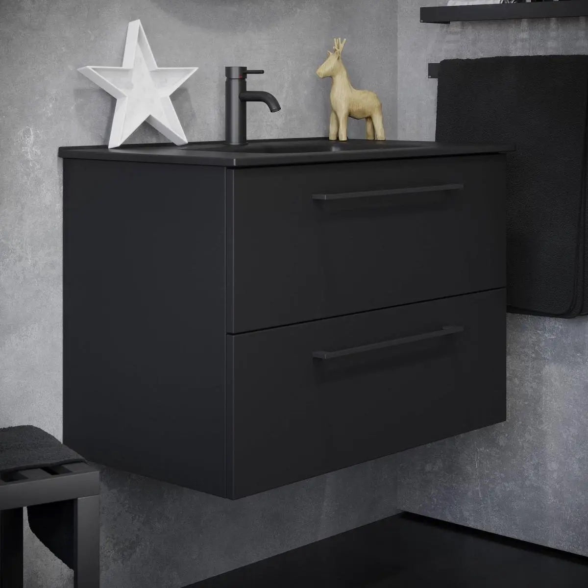 Badrumsmöbel med klassiska fronter - 60x46x57 cm - mattsvart - svart porslinstvättställ - svart handtag - Vollen - Tvättställsskåp - Vegsund, Furniture Set - Code, Black Mat - 61 cm - MASTERSTORE - 8595677170726 - Furniture Set - Code - 70 - 060 - 56 - 02 - 40 - 8595677170726 - 