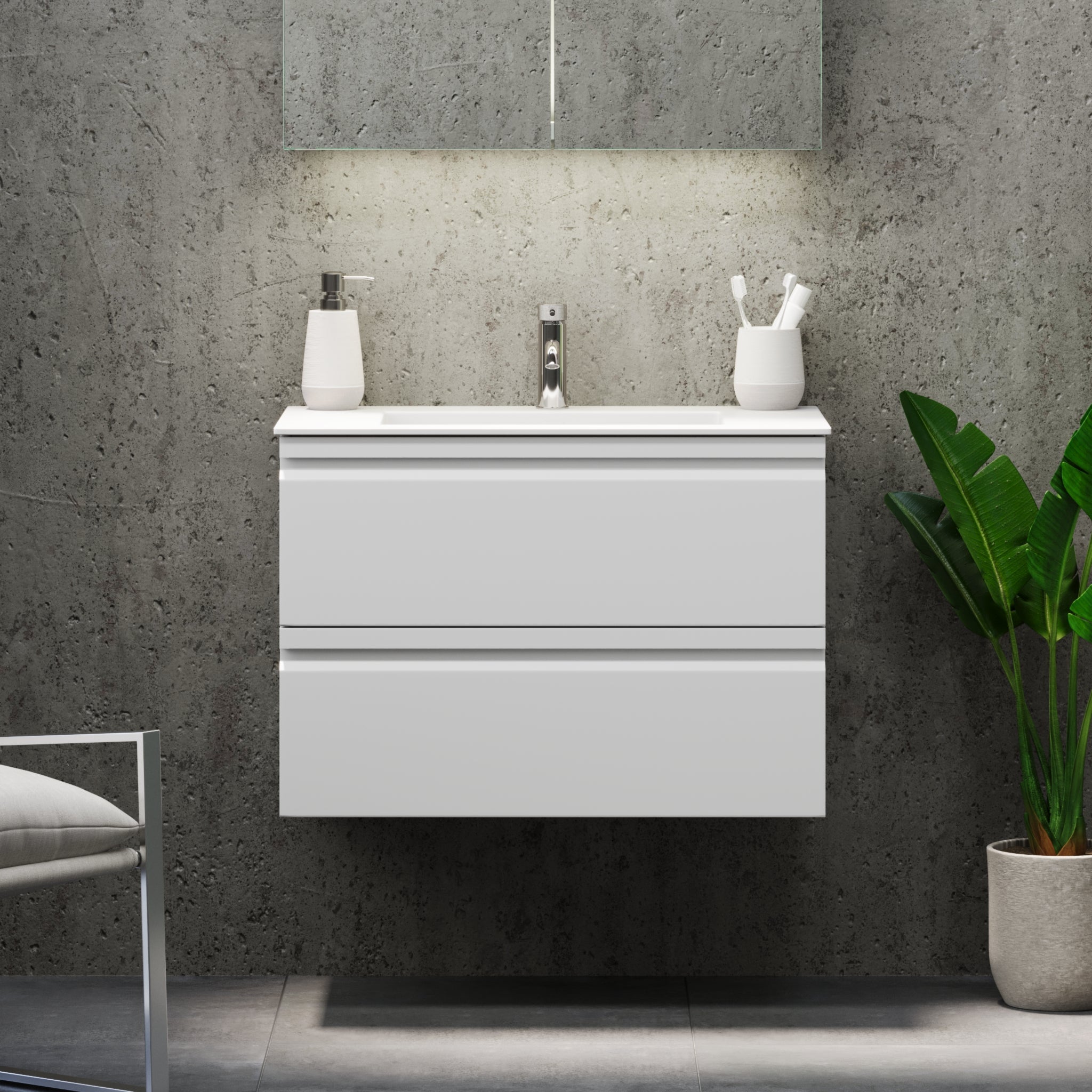 Badrumsmöbel med integrerade fronter - 100x46x57 cm - matt vit - tvättställ i solid surface - Knarrlagsund - Tvättställsskåp - Knarrlagsund, Furniture Set - Code, White Mat - 100 cm - MASTERSTORE - 8595677171136 - Furniture Set - Code - 74 - 100 - 52 - 01 - 40 - 8595677171136 - 