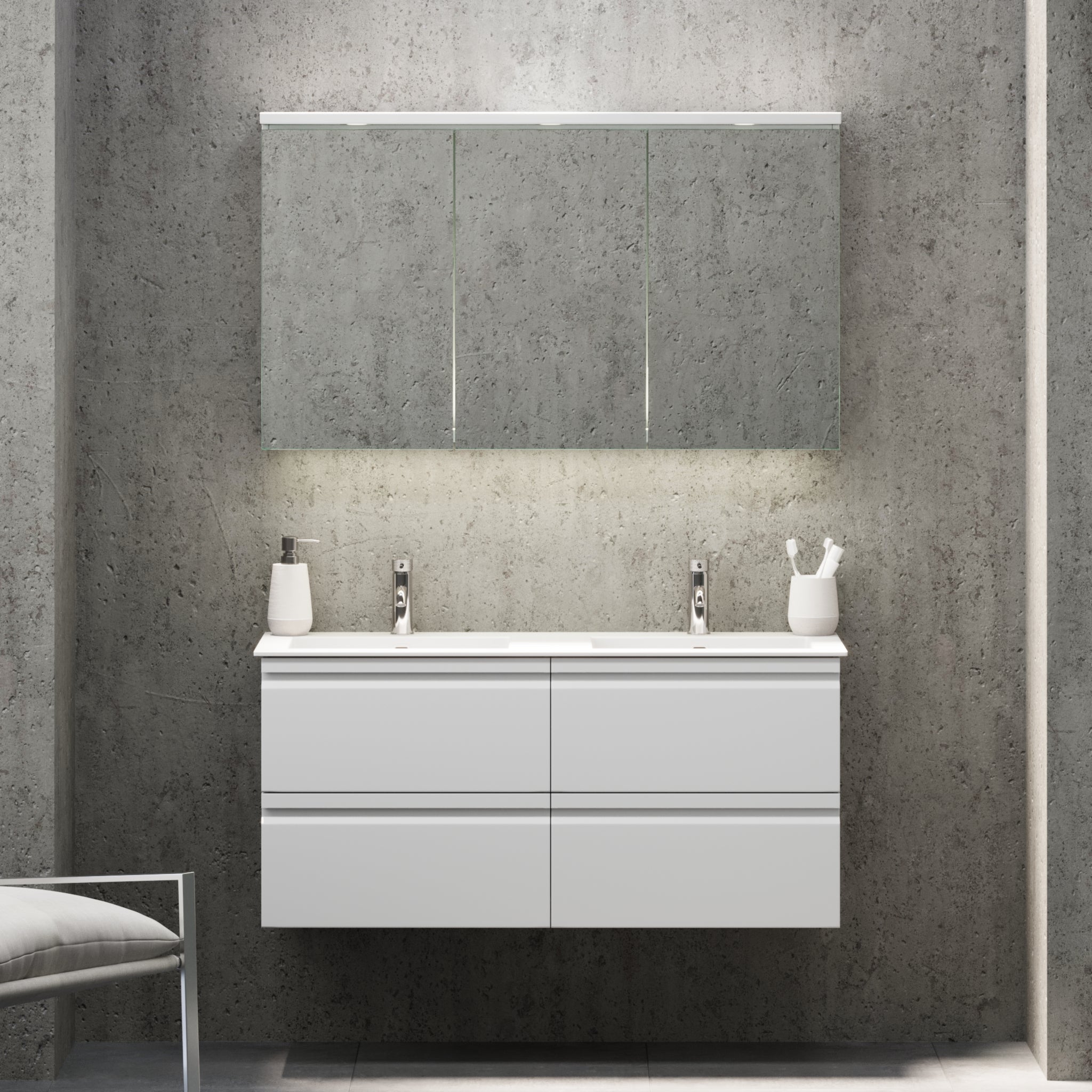 Badrumsmöbel med integrerade fronter - 100x46x57 cm - matt vit - tvättställ i solid surface - Knarrlagsund - Tvättställsskåp - Knarrlagsund, Furniture Set - Code, White Mat - 100 cm - MASTERSTORE - 8595677171136 - Furniture Set - Code - 74 - 100 - 52 - 01 - 40 - 8595677171136 - 