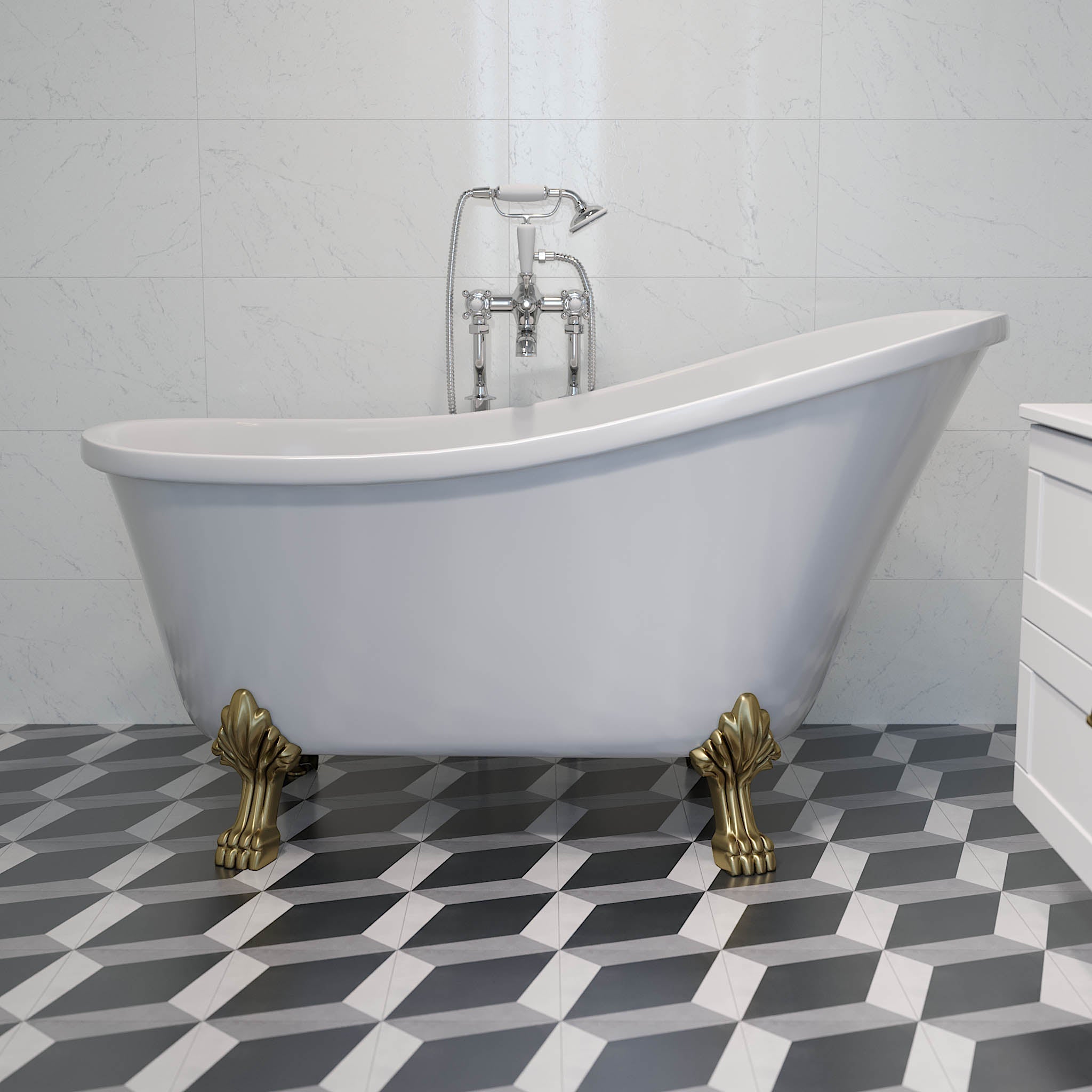 Fristående retro badkar 160 cm i vit akryl med lejontassar i antikmässing och avloppssats - Svinkløv - Fritstående badkar - Svinkløv, Bathtub Set - Code, Brass Antique - 160 cm - MASTERSTORE - 8595677175929 - Bathtub - 47 - 160 - 65 - 65 - 40 - 8595677175929 - 