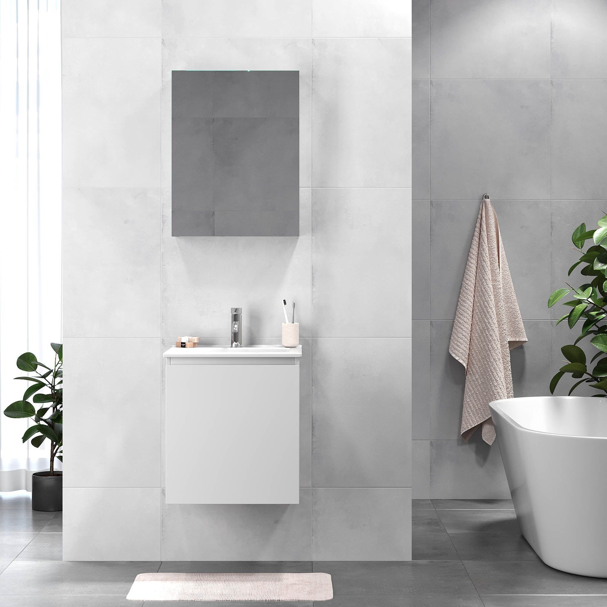 Badrumsmöbelpaket med underskåp och tvättställ i porslin - 51x41x55 cm - mattvit - Kenwood - Tvättställsskåp - Bathroom furniture package with cabinet and ceramic washbasin - 51x41x55 cm - matt white - Kenwood - MASTERSTORE - 8595677177190 - Vanity Units - 09 - 050 - 63 - 01 - 01 - 8595677177190 - 