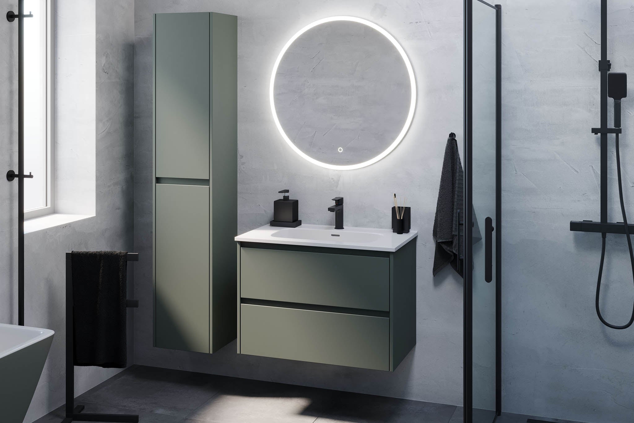 Badrumsmöbel med klassiska integrerade fronter - 60x46x57 cm - mattgrön - Molde - Tvättställsskåp - Molde, Furniture Set - One Box, Green Mat - 59 cm - MASTERSTORE - 8595677178890 - Furniture Set - One Box - 77 - 060 - 11 - 31 - 00 - 8595677178890 - 