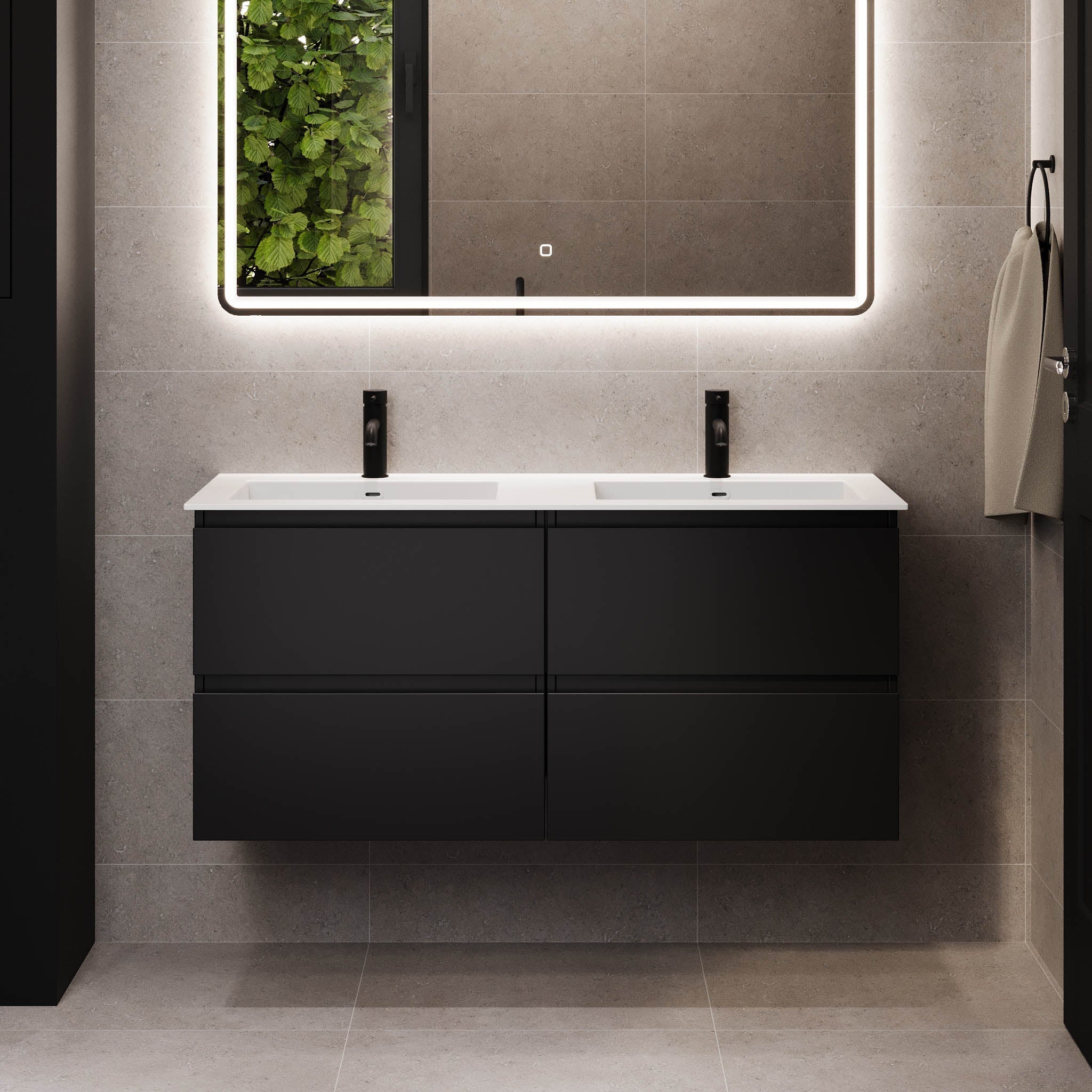 Badrumsmöbel med klassiska integrerade fronter - 200x46x55 cm - mattsvart - dubbelt tvättställ i solid surface - Sifjord - Tvättställsskåp - Sifjord, Furniture Set - Code, Black Mat - 200 cm - MASTERSTORE - 8595677180343 - Furniture Set - Code - 73 - 200 - 52 - 02 - 42 - 8595677180343 - 