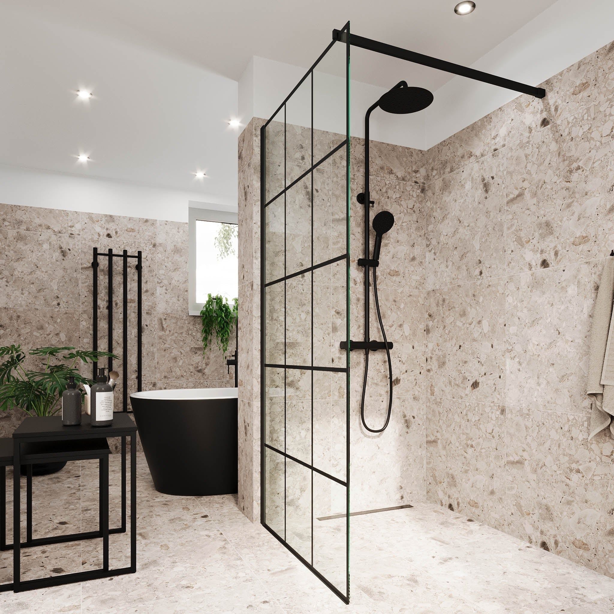 Fast duschvägg med stabiliseringsstag 90x195 cm - 5 mm klart nanoglas med svarta stänger - svart profil - Sandefjord - Duschväggar - Shower screen with bar 90x195 cm - 5 mm clear nano glass with black bars - black profile - Sandefjord - MASTERSTORE - 8595677180480 - Shower Walls - 42 - 090 - 08 - 02 - 00 - 8595677180480 - 