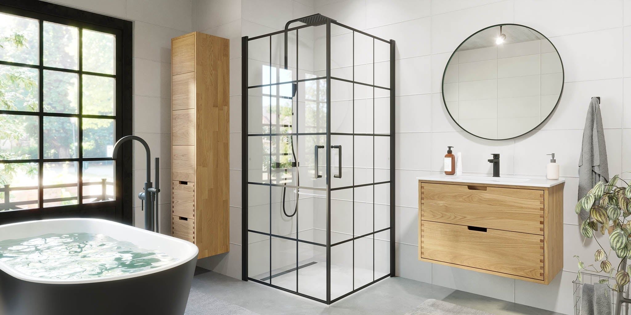 Duschhörna fyrkantig 90x90x195 cm - 5 mm klart nanoglas med svarta spröjs - svart profil - Sandefjord - Duschhörn - Shower enclosure square 90x90x195 cm - 5 mm clear nano glass with black bars - black profile - Sandefjord - MASTERSTORE - 8595677180510 - Shower Enclosures - 42 - 090 - 09 - 02 - 00 - 8595677180510 - 