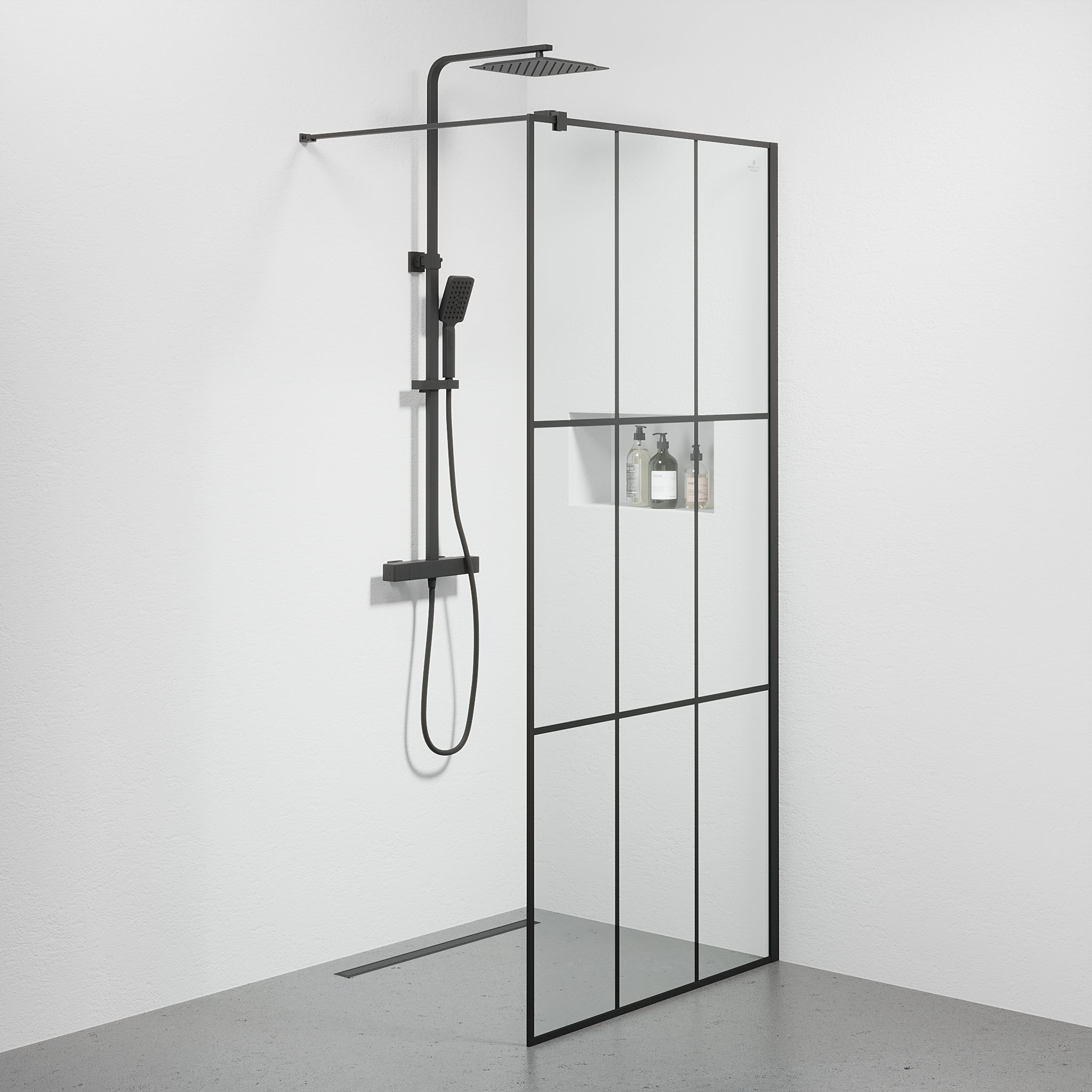 Fast duschvägg med stabiliseringsstag 90x190 cm - 5 mm klarglas med svarta stänger - svart profil - Tulsa - Duschväggar - Tulsa, Shower Wall, Black Mat - 90 cm - MASTERSTORE - 8595677180817 - Shower Wall - 42 - 090 - 14 - 02 - 02 - 8595677180817 - 