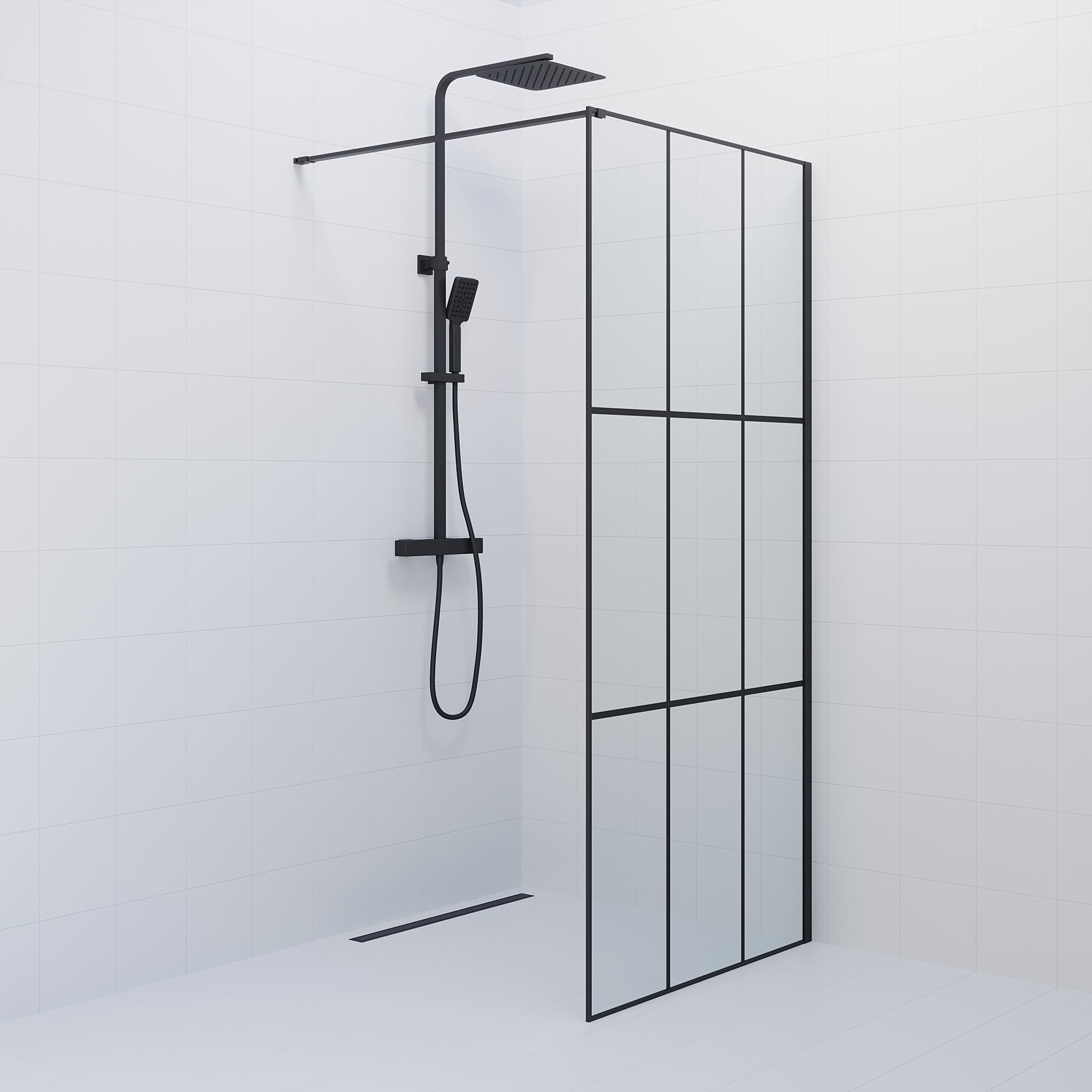 Fast duschvägg med stabiliseringsstag 90x190 cm - 5 mm klarglas med svarta stänger - svart profil - Tulsa - Duschväggar - Tulsa, Shower Wall, Black Mat - 90 cm - MASTERSTORE - 8595677180817 - Shower Wall - 42 - 090 - 14 - 02 - 02 - 8595677180817 - 