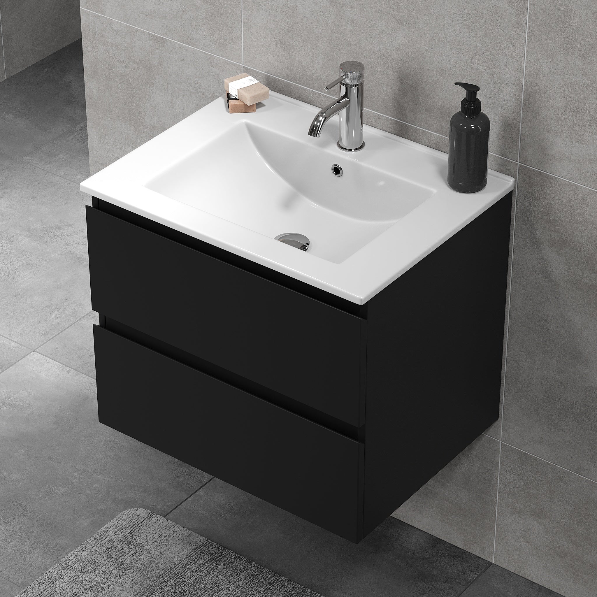 Badrumsmöbel med klassiska integrerade fronter - 90x46x50 cm - mattsvart - porslinstvättställ - Kenwood - Tvättställsskåp - Kenwood, Furniture Set - Code, Black Mat - 91 cm - MASTERSTORE - 8595677181098 - Furniture Set - Code - 80 - 090 - 04 - 02 - 01 - 8595677181098 - 