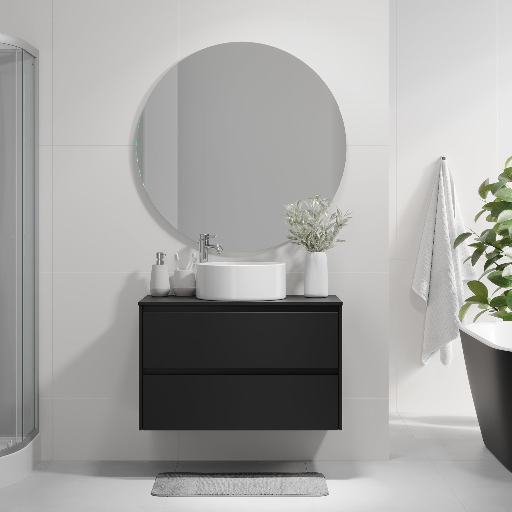 Badrumsmöbel med klassisk integrerad front - 90x46x57 cm - mattsvart - bänkskiva med vitt porslinstvättställ - Lofoten - Tvättställsskåp - Lofoten, Furniture Set - Code, Black Mat - 90 cm - MASTERSTORE - 8595677183894 - Furniture Set - Code - 83 - 090 - 42 - 02 - 40 - 8595677183894 - 