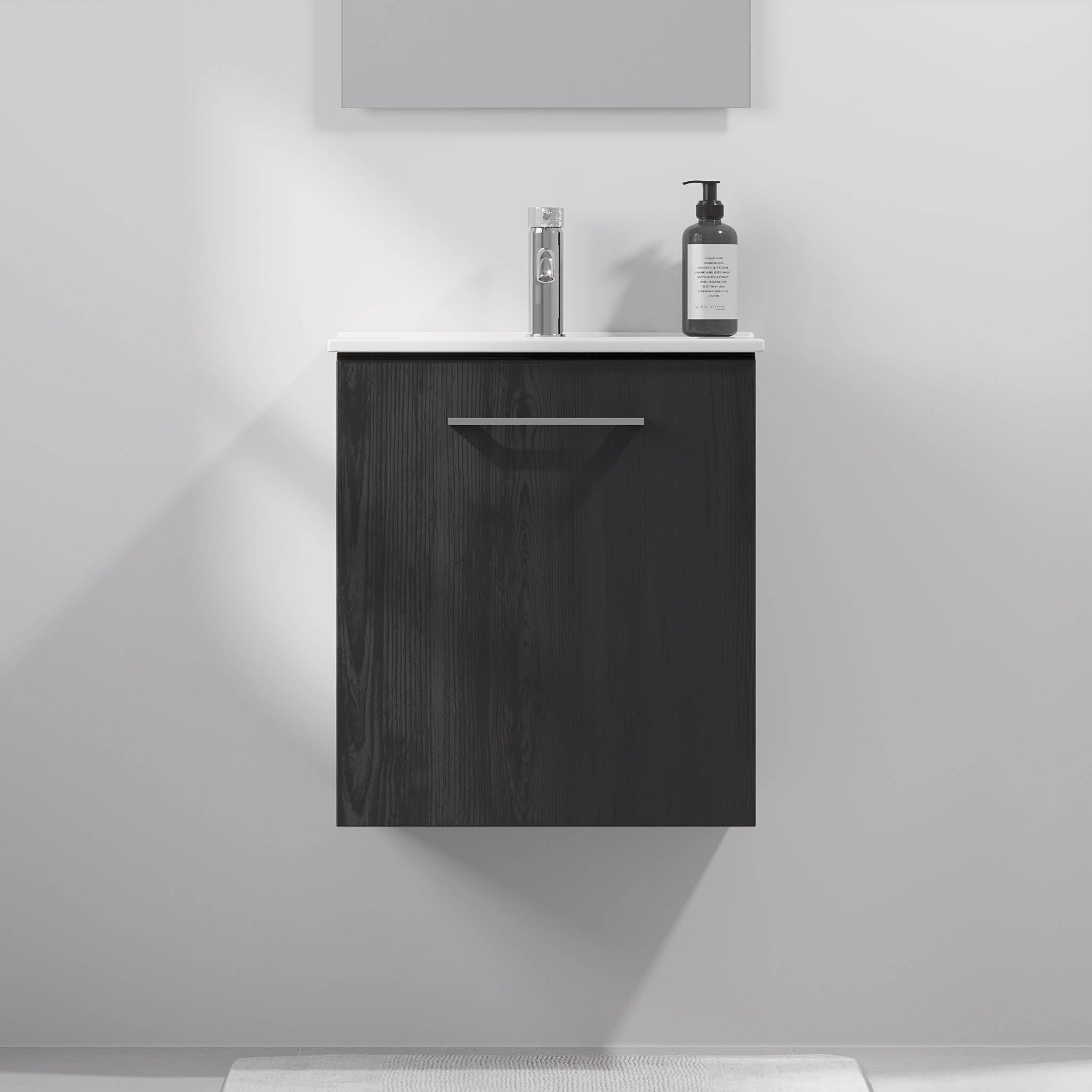 Badrumsmöbel med klassisk dörr - SLIM - 50x36x55 cm - svart trästruktur - porslinstvättställ - kromat handtag - Magnor - Tvättställsskåp - Magnor, Furniture Set - Code, Black Wood - 50 cm - MASTERSTORE - 8595677189803 - Furniture Set - Code - 75 - 050 - 70 - 22 - 40 - 8595677189803 - 