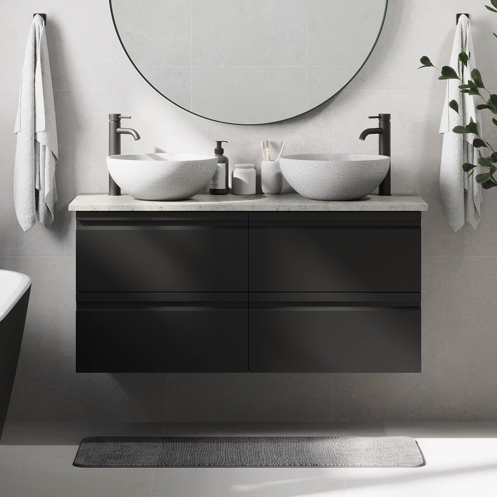 Badrumsmöbel med moderna integrerade fronter - 100x46x57 cm - mattsvart - bänkskiva och tvättställ i betong - Bardufoss - Tvättställsskåp - Bardufoss, Furniture Set - Code, Black Mat - 100 cm - MASTERSTORE - 8595677191080 - Furniture Set - Code - 74 - 100 - 14 - 02 - 40 - 8595677191080 - 