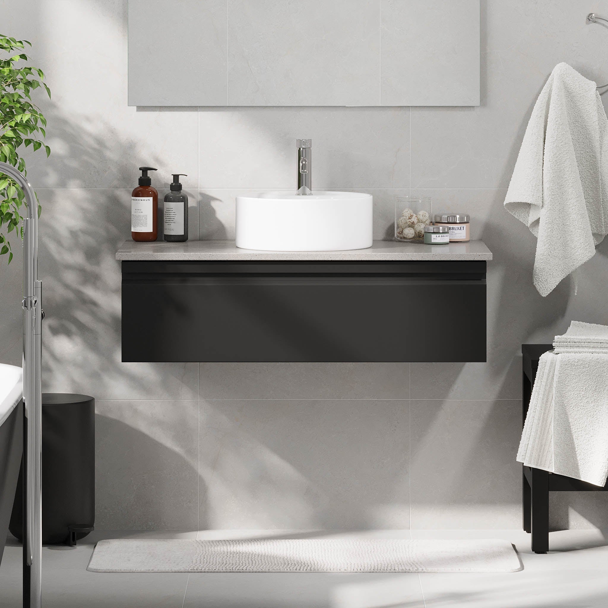 Badrumsmöbel med modern integrerad front - 80x46x29 cm - mattsvart - grå bänkskiva med porslinstvättställ - Mirage - Tvättställsskåp - Mirage, Furniture Set - Code, Black Mat - 80 cm - MASTERSTORE - 8595677192735 - Furniture Set - Code - 89 - 080 - 03 - 02 - 40 - 8595677192735 - 