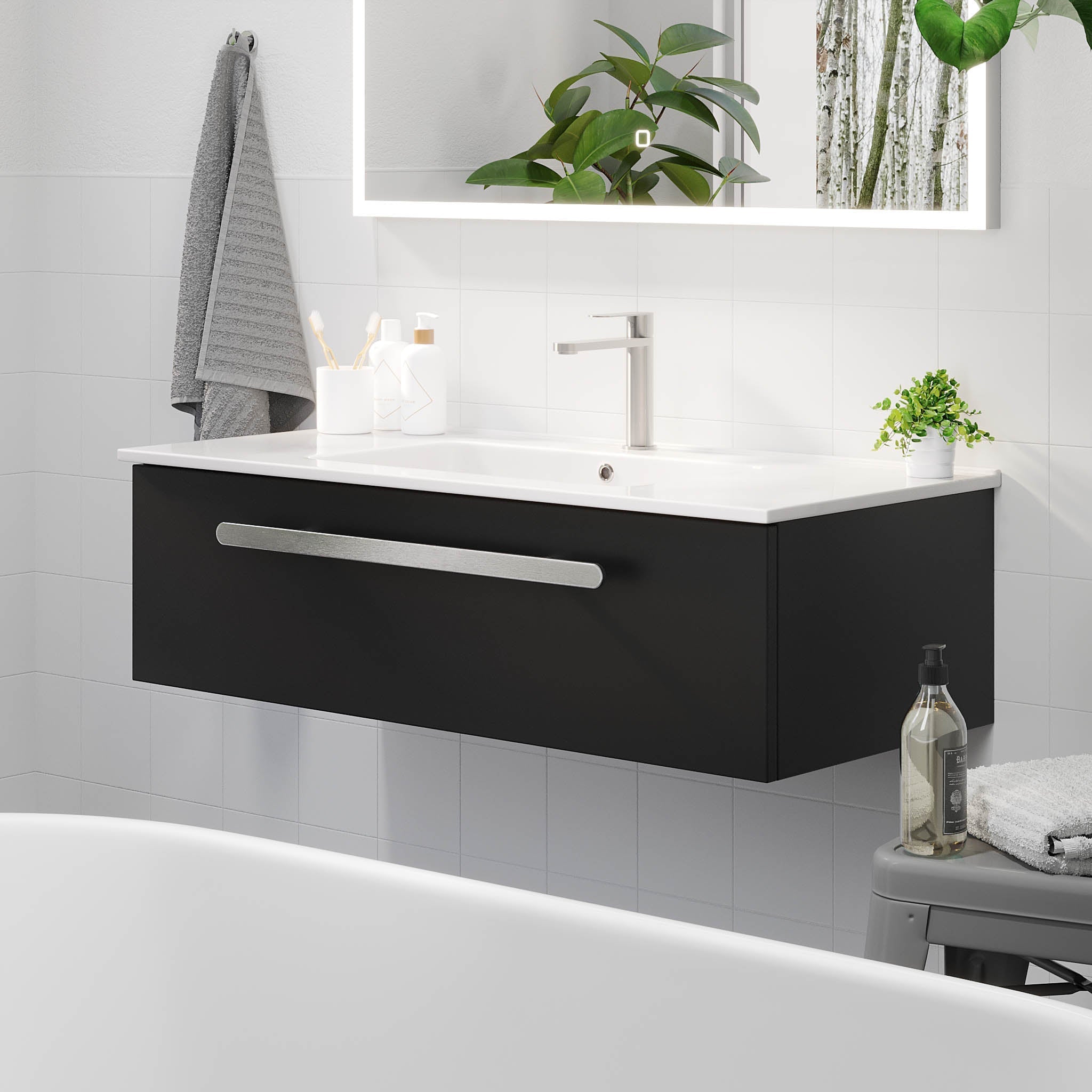 Badrumsmöbel med klassisk front - 100x46x29 cm - mattsvart - porslinstvättställ - satinhandtag - Colina - Tvättställsskåp - Colina, Furniture Set - Basin & Cabinet, Black Mat - 100 cm - MASTERSTORE - 8595677192926 - Furniture Set - Code - 85 - 100 - 50 - 02 - 40 - 8595677192926 - 