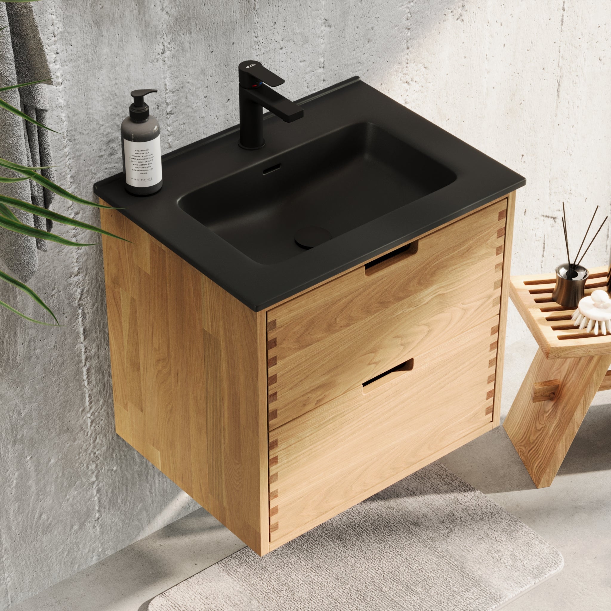 Badrumsmöbel i massiv ek – 2 lådor med fingertrycköppning – 60x46x57 cm – oljad ek – svart tvättställ Porslin – Troldeskoven - Tvättställsskåp - Troldeskoven, Furniture Set - Code, Oak - 60 cm - MASTERSTORE - 8595677193794 - Furniture Set - Code - 96 - 060 - 56 - 86 - 40 - 8595677193794 - 