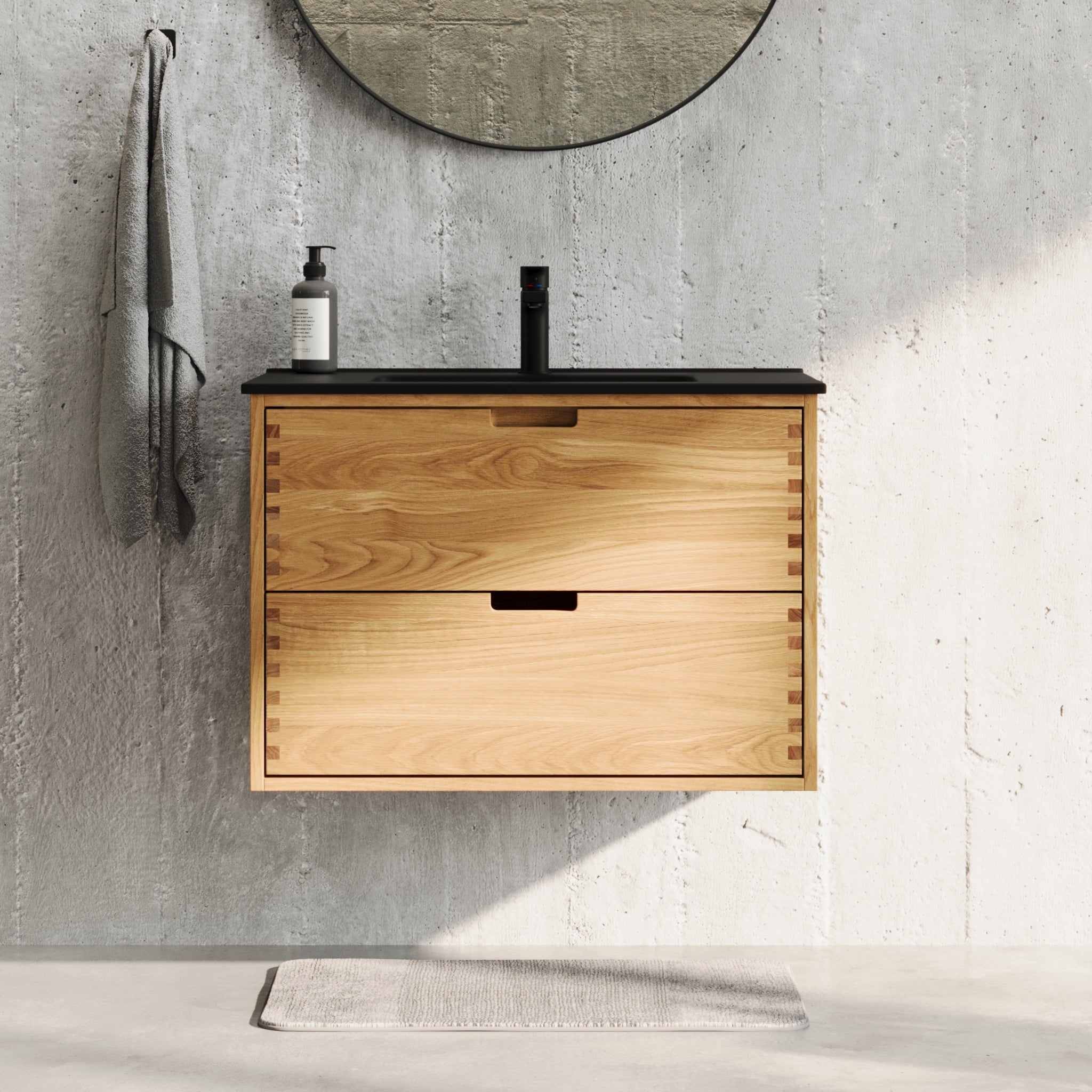 Badrumsmöbel i massiv ek - 2 lådor med fingeruttag - 80x46x57 cm - oljad ek - svart handfat Porslin - Troldeskoven - Tvättställsskåp - Troldeskoven, Furniture Set - Code, Oak - 80 cm - MASTERSTORE - 8595677193800 - Furniture Set - Code - 96 - 080 - 56 - 86 - 40 - 8595677193800 - 