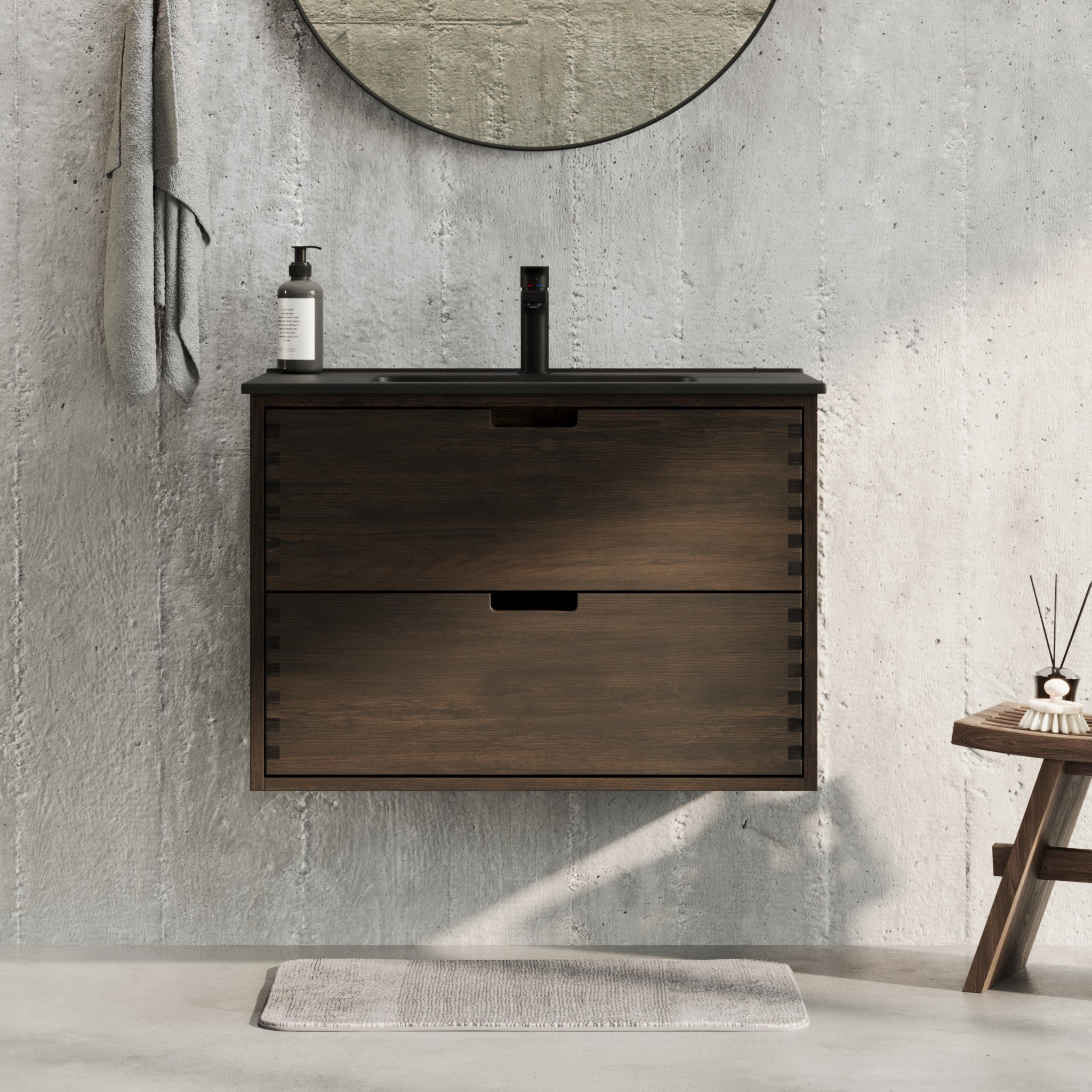 Badrumsmöbel i massiv ek - 2 lådor med fingeruttag - 80x46x57 cm - svart ek - svart Porslin handfat - Troldeskoven - Tvättställsskåp - Troldeskoven, Furniture Set - Code, Oak Black - 80 cm - MASTERSTORE - 8595677193848 - Furniture Set - Code - 96 - 080 - 56 - 82 - 40 - 8595677193848 - 