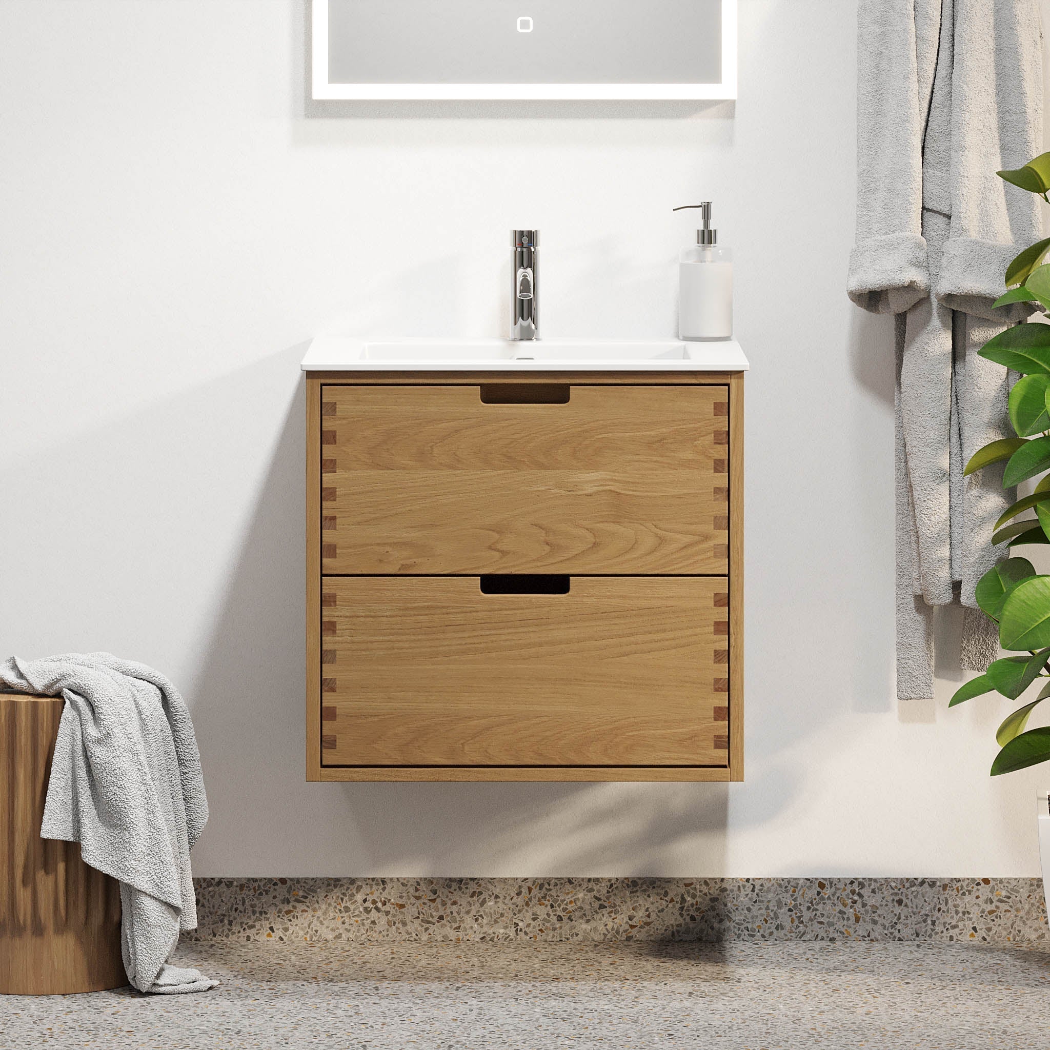 Badrumsmöbel i massiv ek - 2 lådor med fingerskarv - 80x46x57 cm - oljad ek - tvättställ i solid surface - Egeskov - Tvättställsskåp - Egeskov, Furniture Set - Basin & Cabinet, Oak - 80 cm - MASTERSTORE - 8595677194012 - Furniture Set - Code - 96 - 080 - 52 - 86 - 40 - 8595677194012 - 