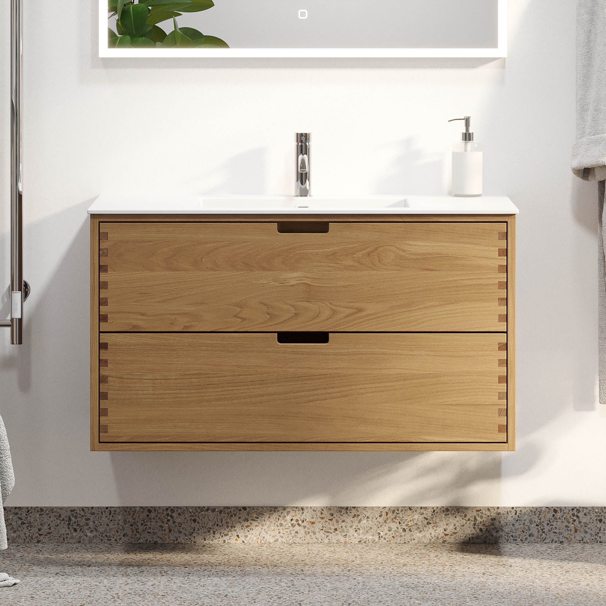 Badrumsmöbel i massiv ek - 2 lådor med fingerskarv - 100x46x57 cm - oljad ek - tvättställ i solid surface - Egeskov - Tvättställsskåp - Egeskov, Furniture Set - Basin & Cabinet, Oak - 100 cm - MASTERSTORE - 8595677194029 - Furniture Set - Code - 96 - 100 - 52 - 86 - 40 - 8595677194029 - 