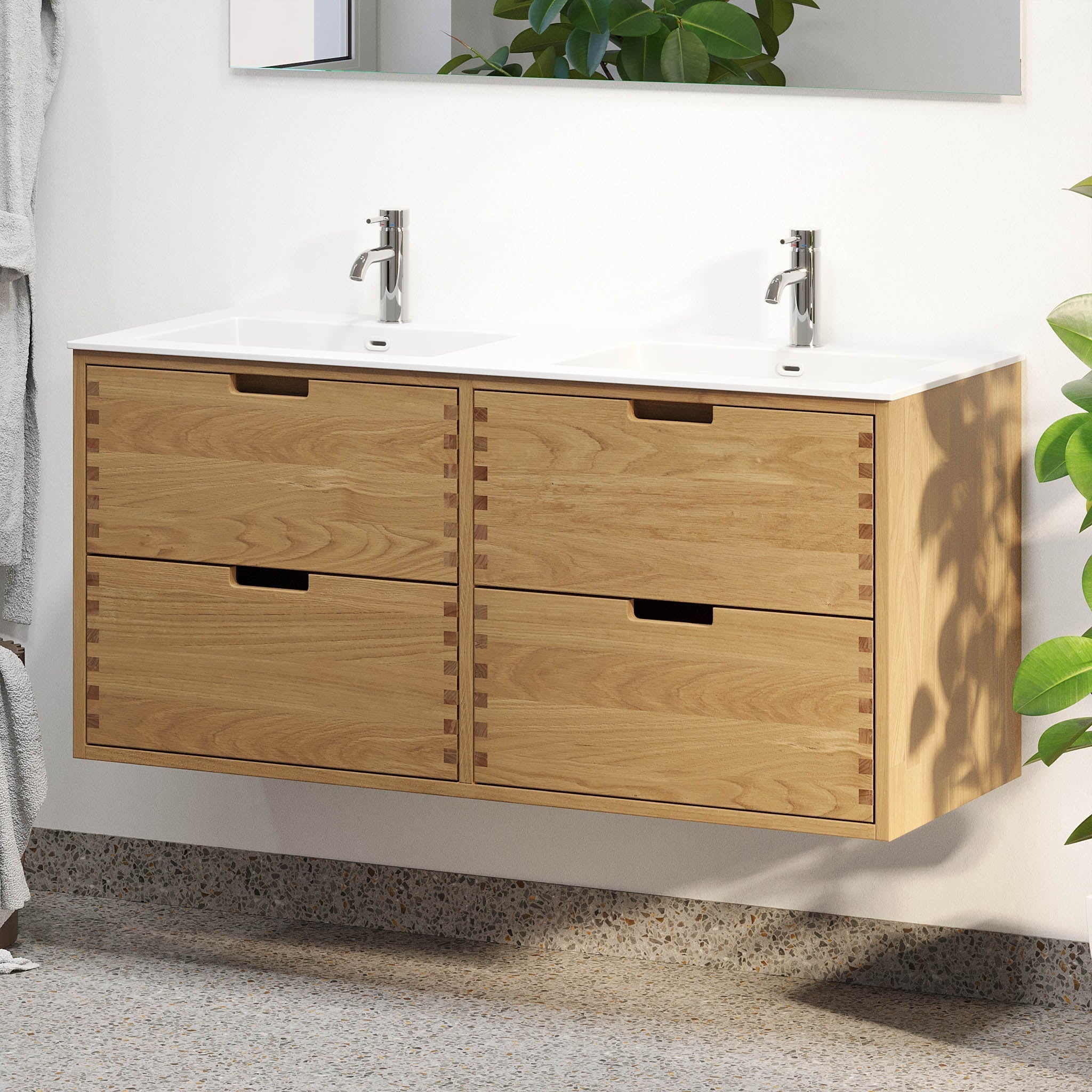 Badrumsmöbel i massiv ek - 2 lådor med fingerskarv - 120x46x57 cm - oljad ek - dubbeltvättställ i solid surface - Egeskov - Tvättställsskåp - Egeskov, Furniture Set - Basin & Cabinet, Oak - 120 cm - MASTERSTORE - 8595677194036 - Furniture Set - Code - 96 - 120 - 52 - 86 - 40 - 8595677194036 - 