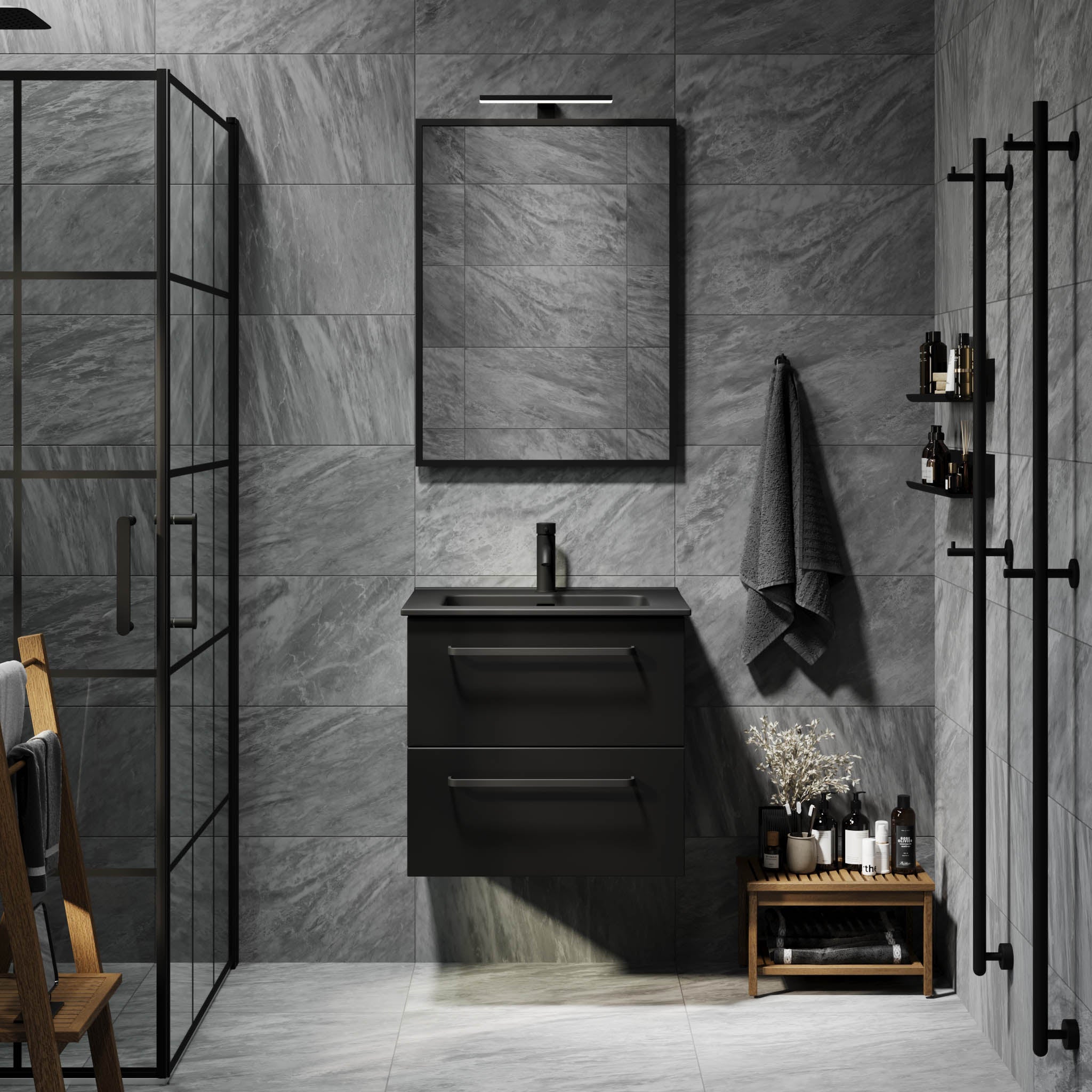 Vegsund Badrumsmöbel – Matt Svart med svarta handtag