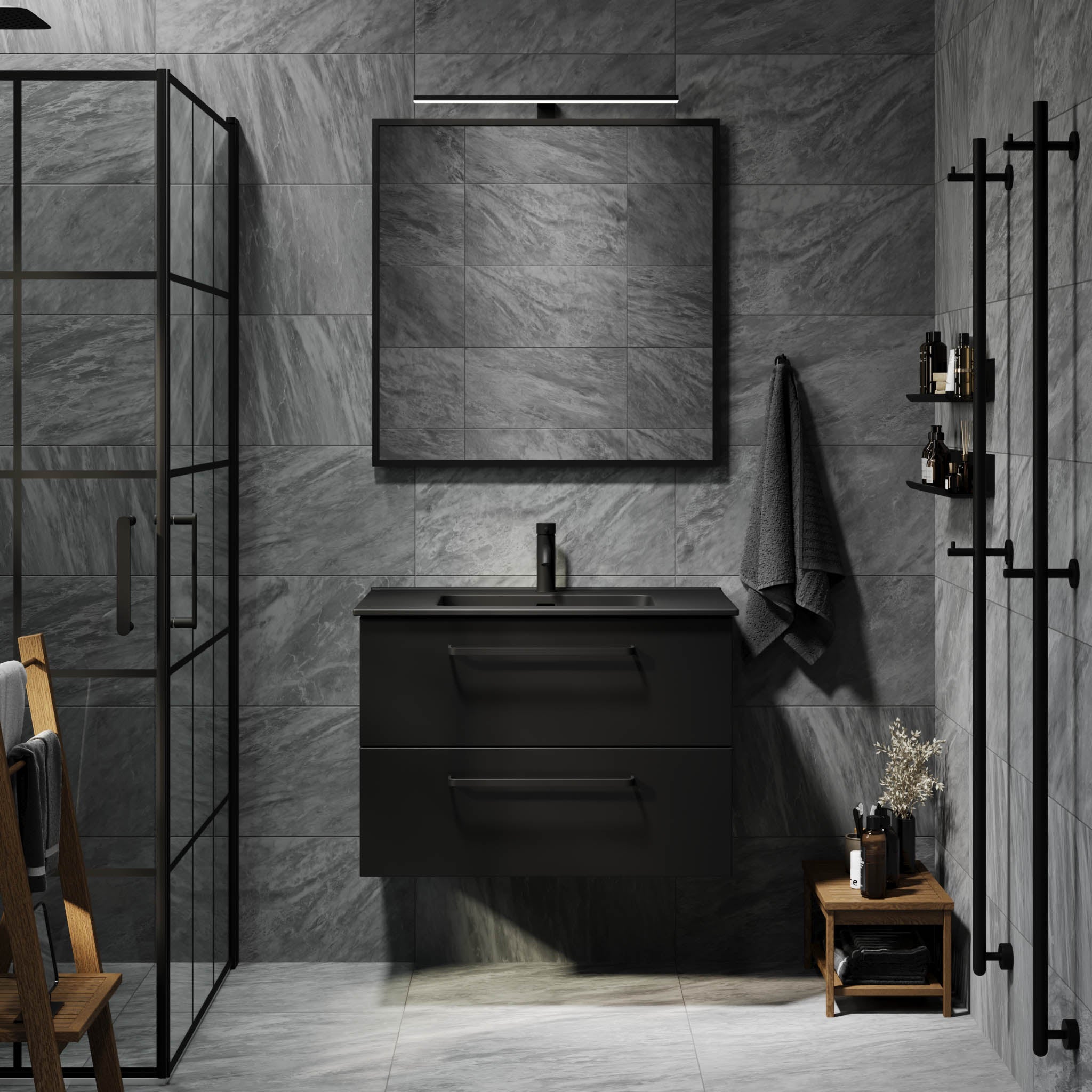 Vegsund Badrumsmöbel – Matt Svart med svarta handtag