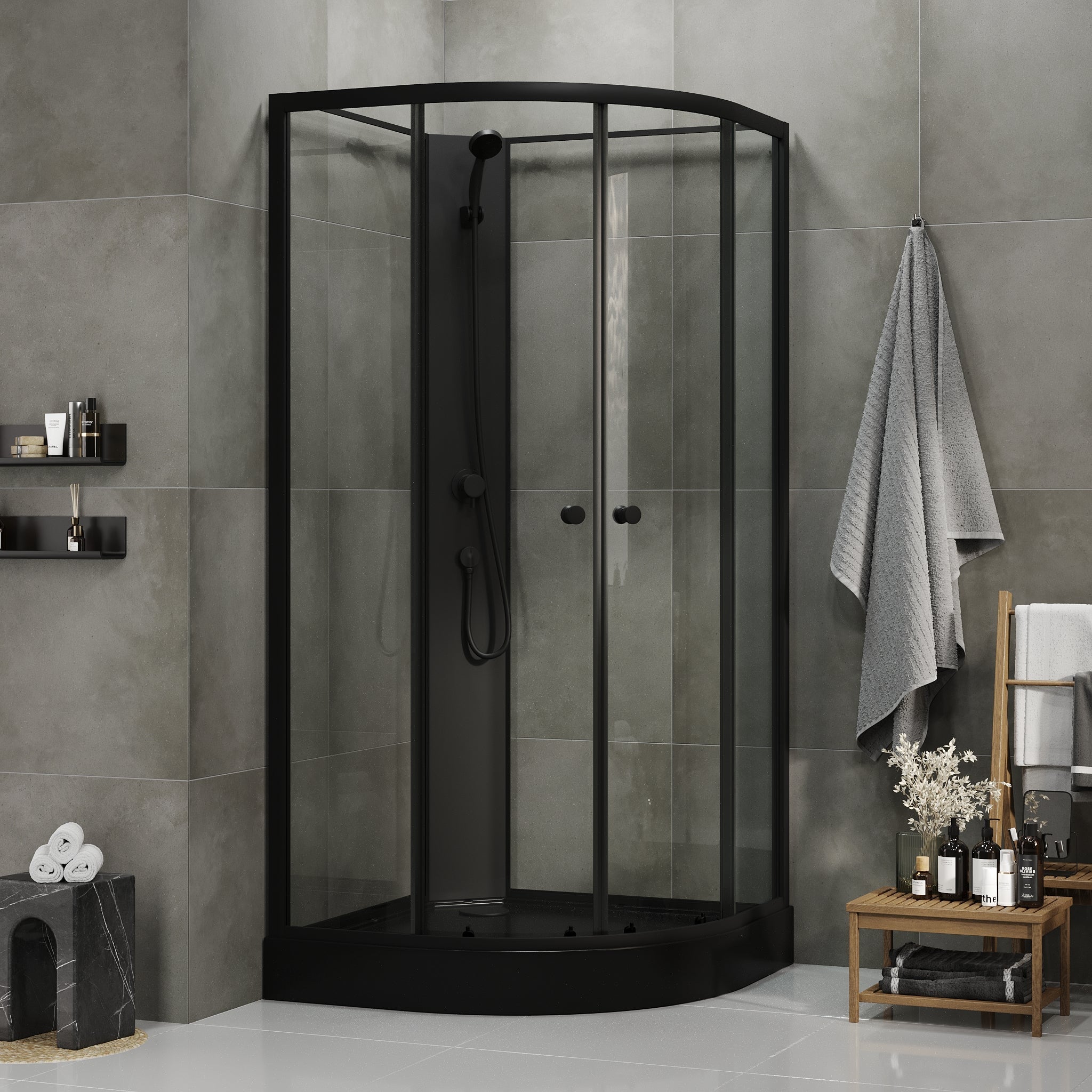 Duschkabin halvrund 90x90x195 cm - svarta profiler - klarglas - inkl. blandare och dusch - Austin - Duschkabiner - Austin, Shower Cabin Set - Code, Clear/Black - 90 cm - MASTERSTORE - 8595677199468 - Shower Cabin Set - Code - 20 - 090 - 14 - 02 - 02 - 8595677199468 - 