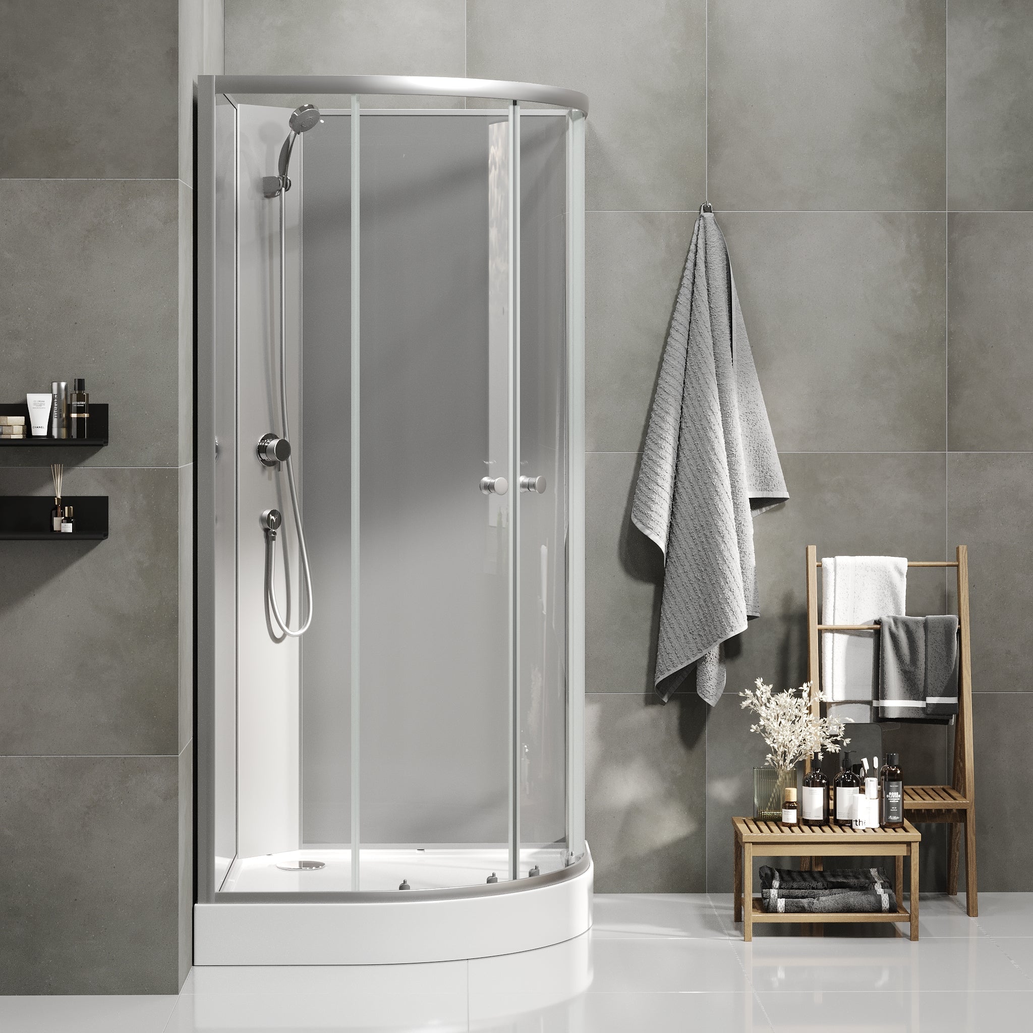 Duschkabin halvrund 90x90x195 cm - satinprofiler - klarglas - inkl. blandare och dusch - Austin - Duschkabiner - Austin, Shower Cabin Set - Code, Clear/Satin - 90 cm - MASTERSTORE - 8595677199475 - Shower Cabin Set - Code - 20 - 090 - 14 - 67 - 02 - 8595677199475 - 