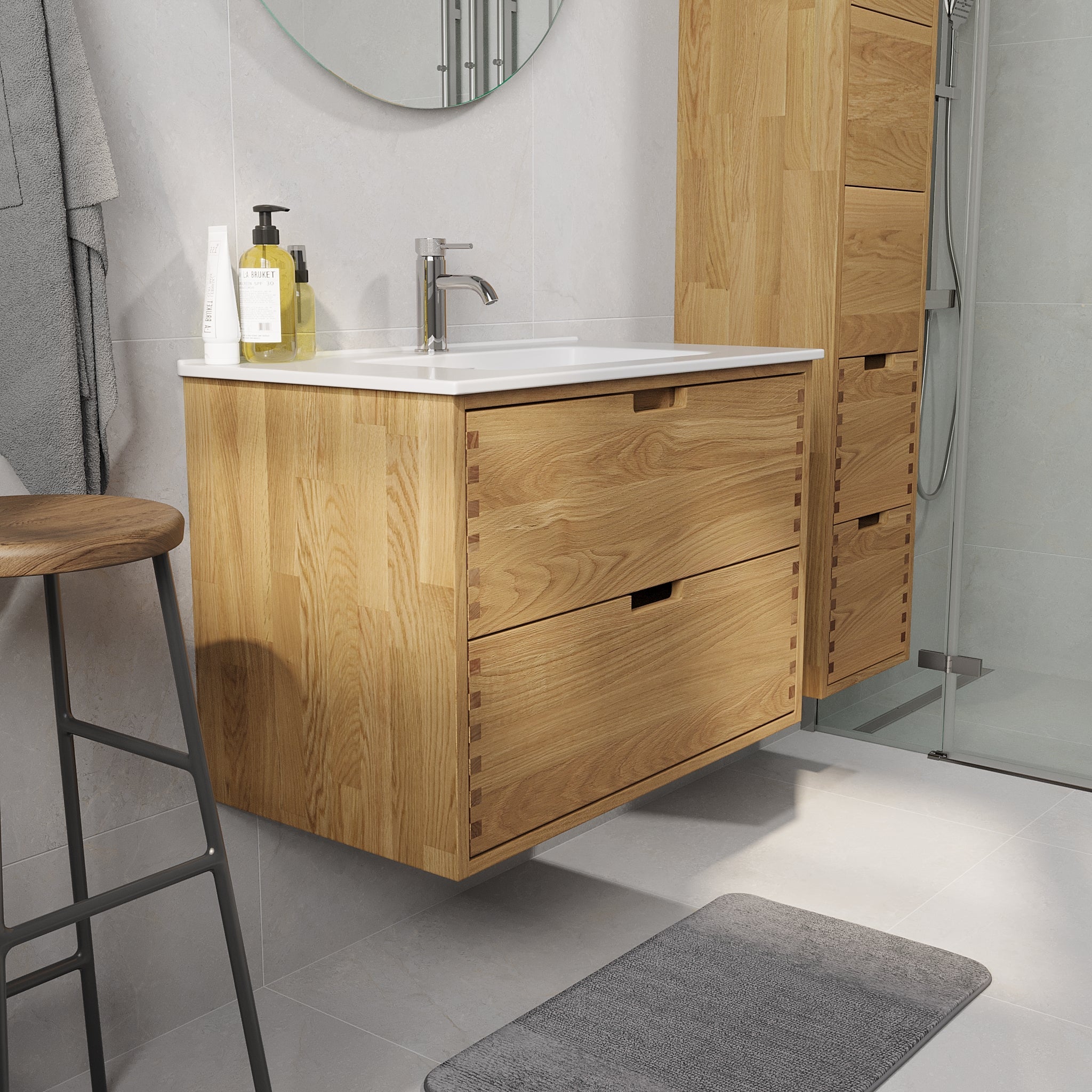 Badrumsmöbel i massiv ek - 2 lådor med fingeruttag - 100x46x57 cm - oljad ek - vit Porslin tvättställ - Gribskov - Tvättställsskåp - Gribskov, Furniture Set - Code, Oak - 100 cm - MASTERSTORE - 8595677199512 - Furniture Set - Code - 96 - 100 - 54 - 86 - 40 - 8595677199512 - 