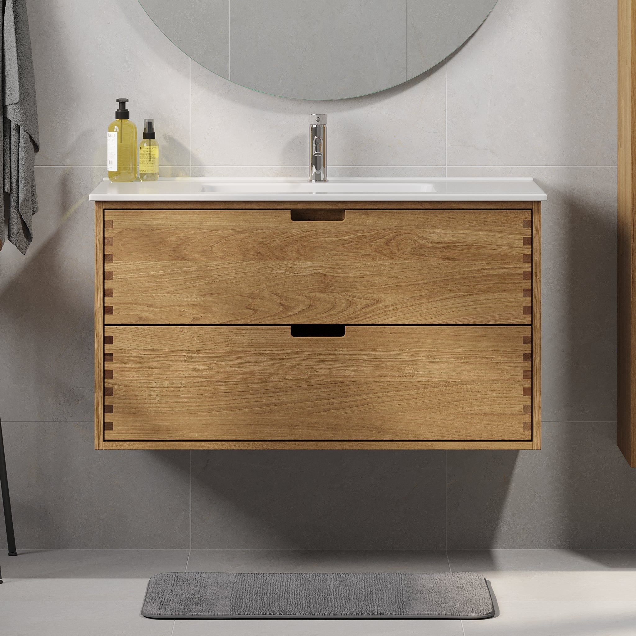Badrumsmöbel i massiv ek - 2 lådor med fingeruttag - 100x46x57 cm - oljad ek - vit Porslin tvättställ - Gribskov - Tvättställsskåp - Gribskov, Furniture Set - Code, Oak - 100 cm - MASTERSTORE - 8595677199512 - Furniture Set - Code - 96 - 100 - 54 - 86 - 40 - 8595677199512 - 