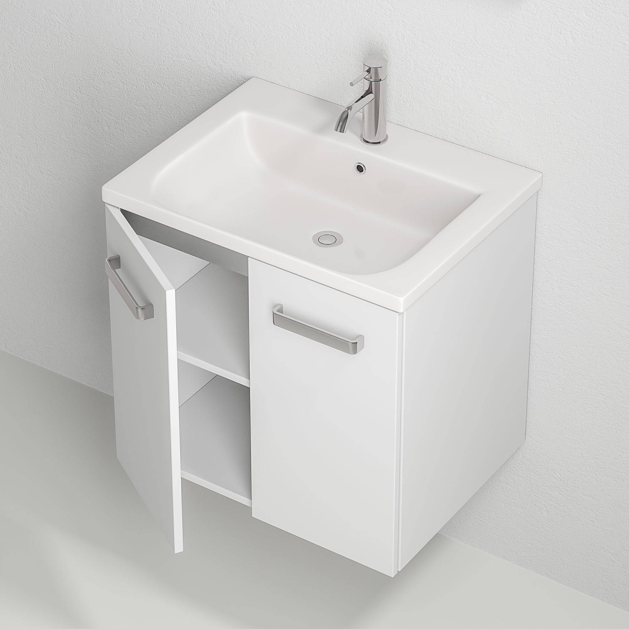 Badrumsmöbel med två Skåpsdörr - 60x46x57 cm - vit matt - Porslin tvättställ - Nord - Tvättställsskåp - Bathroom furniture with two doors - 60x46x57 cm - white mat - ceramic basin - Nord - MASTERSTORE - Vanity Units - 75 - 060 - 50 - 01 - 80 - 