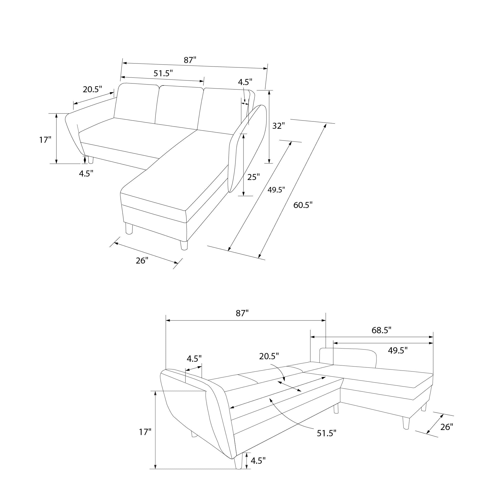 Perry 3-sits bäddsoffa med schäslong, grå